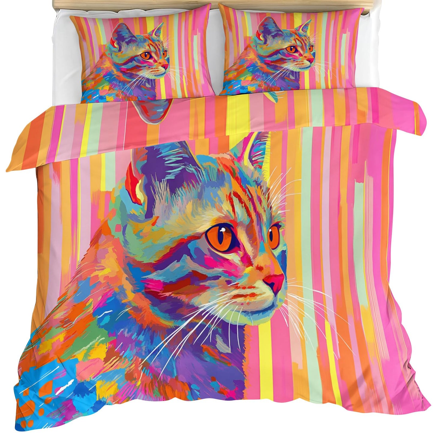 ZAMODE Colorful Kitten Duvet Cover Queen Size, Cute Cartoon Cat Comforter Cover 90" x 90", Dreamy Pets Bedding Set with 2 Pillowcases