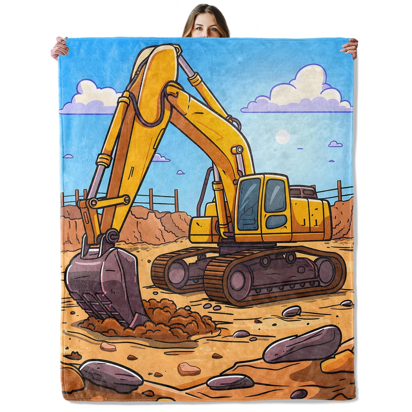 Excavator Construction Truck Throw Blanket for Girls Boys Kids Adults, 50x60 in, Cozy Flannel Blanket for Bedroom, Camping, Couch, Room Decor, Fuzzy Warm Soft Gifts