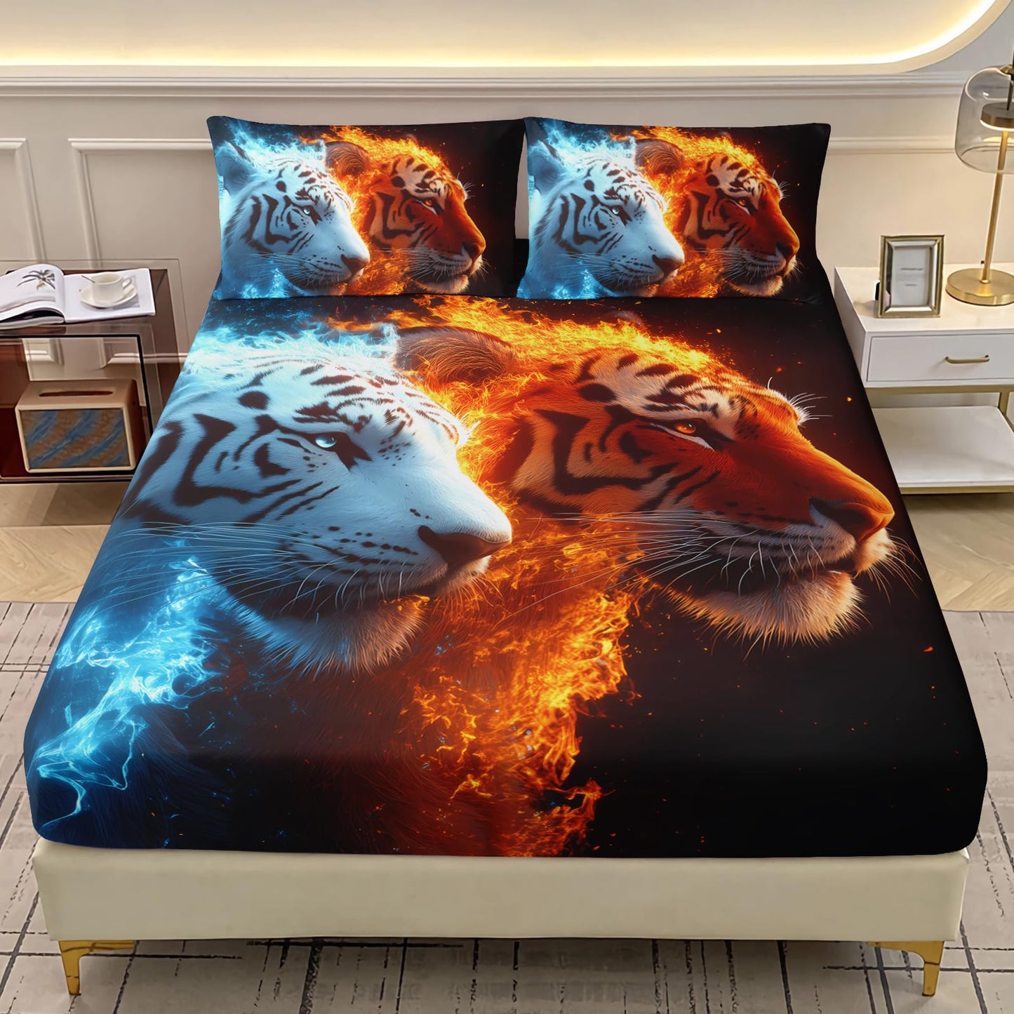 AILONEN Red Blue Fire Tiger Fitted Sheet Set Queen,Forest Wild Animal Deep Pocket Sheets with 2 Pillowcases,3D Tigers Printed Black Bed Sheet Set for Boys Girls,3-Piece