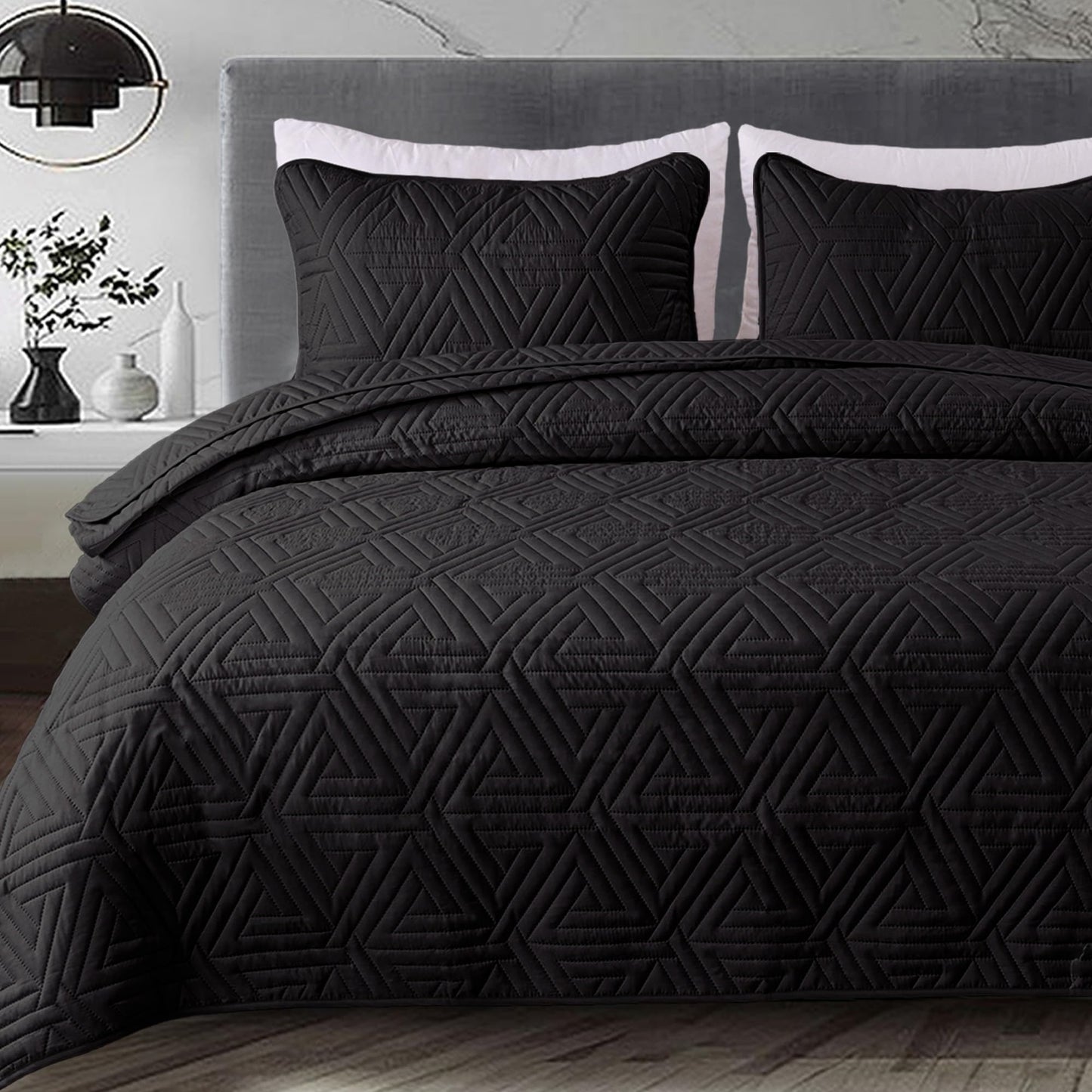 Whale Flotilla Soft Queen Size Quilt Set for All Seasons, 3-Piece Ultrasonic Geometric Quilts Bedding Set, Lightweight Reversible Bedspread, Coverlet, Bed Cover with 2 Pillow Shams, Black