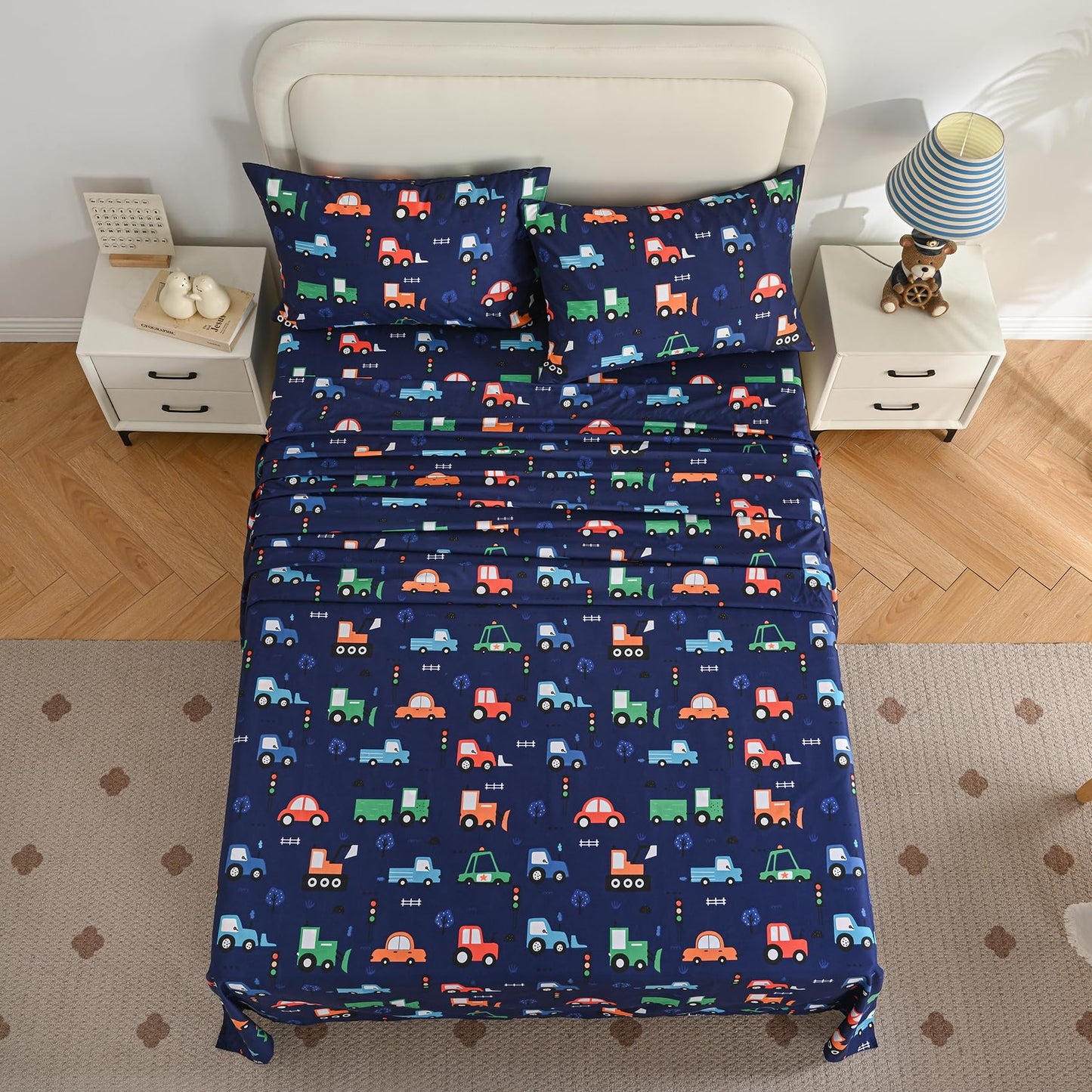 Yibeizi Car Twin Sheets Set for Boys, Kids Cute Bedsheets Navy Blue Microfiber Deep Pocket Toddler Bed Sheet & Pillowcase Sets 3 Pieces