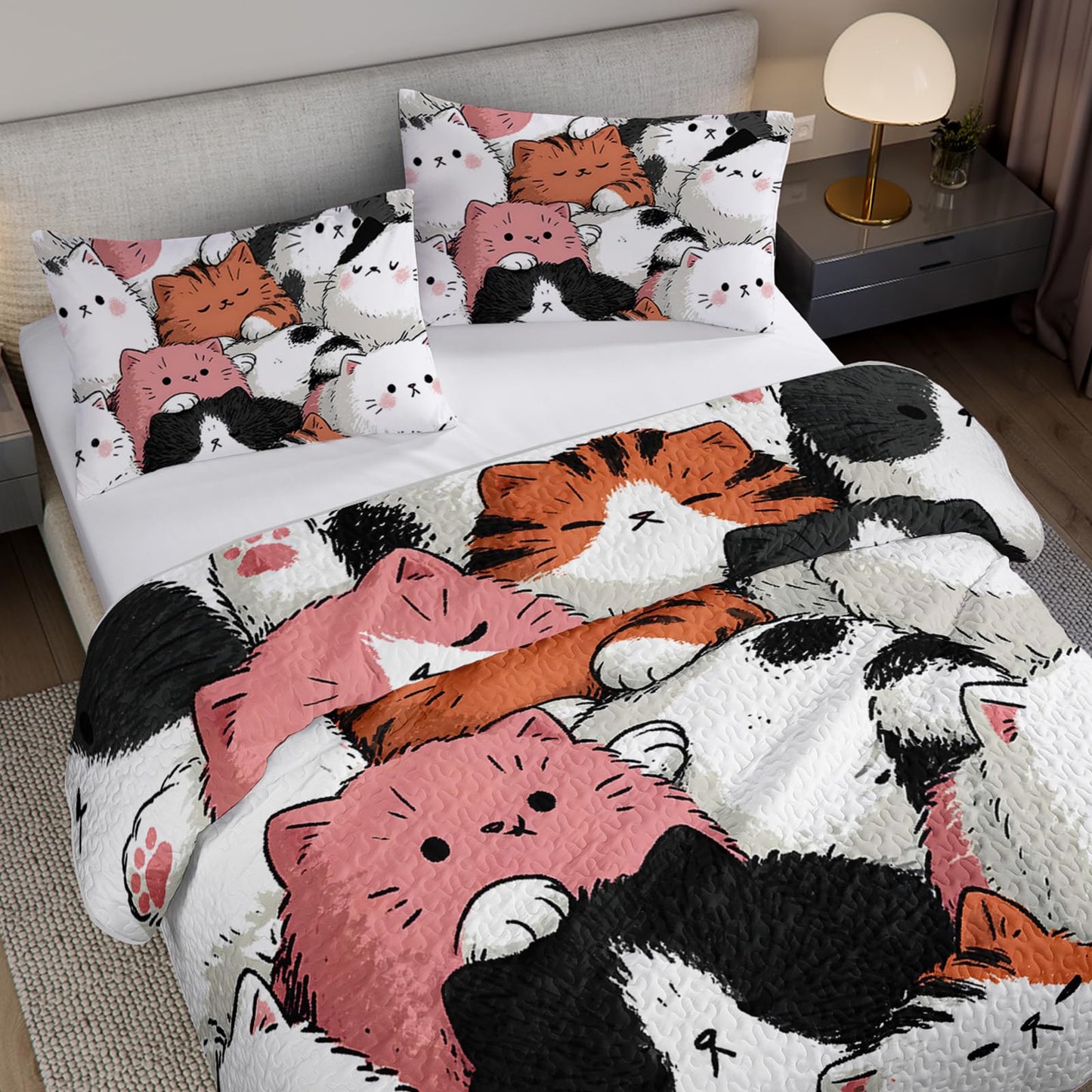 AILONEN Full Quilted Comforter Set 3 Piece, Whimsical Lazy Kitten Bedspread Coverlet 2 Pillowcases, Soft Artistic Feline Bedding Teens Apartment Cozy Chubby Cat Animal Print Multi