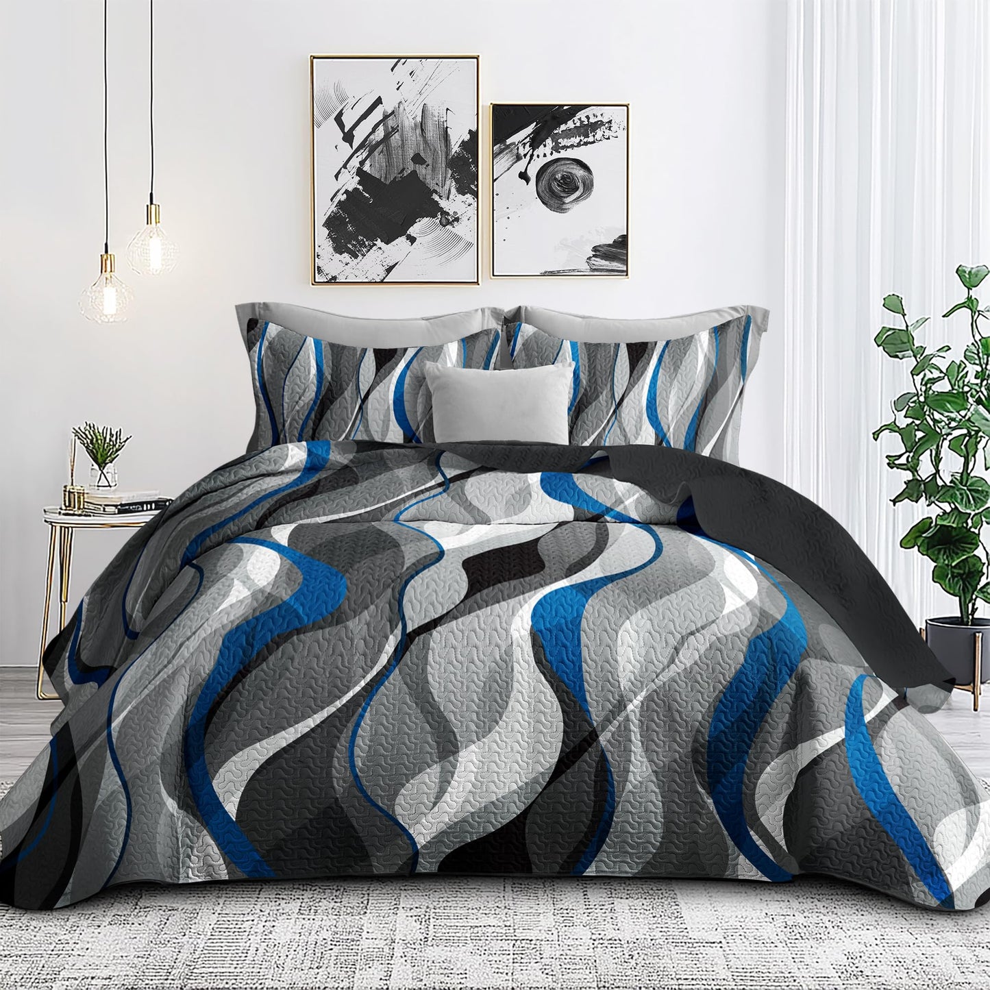 weesire Quilt Bedding King Size Comforter Set Blue Stripe Bedspreads with 2 Shams, Modern Pattern Lightweight Breathable Coverlet, 96''X106''
