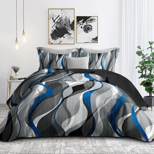 weesire Quilt Bedding King Size Comforter Set Blue Stripe Bedspreads with 2 Shams, Modern Pattern Lightweight Breathable Coverlet, 96''X106''