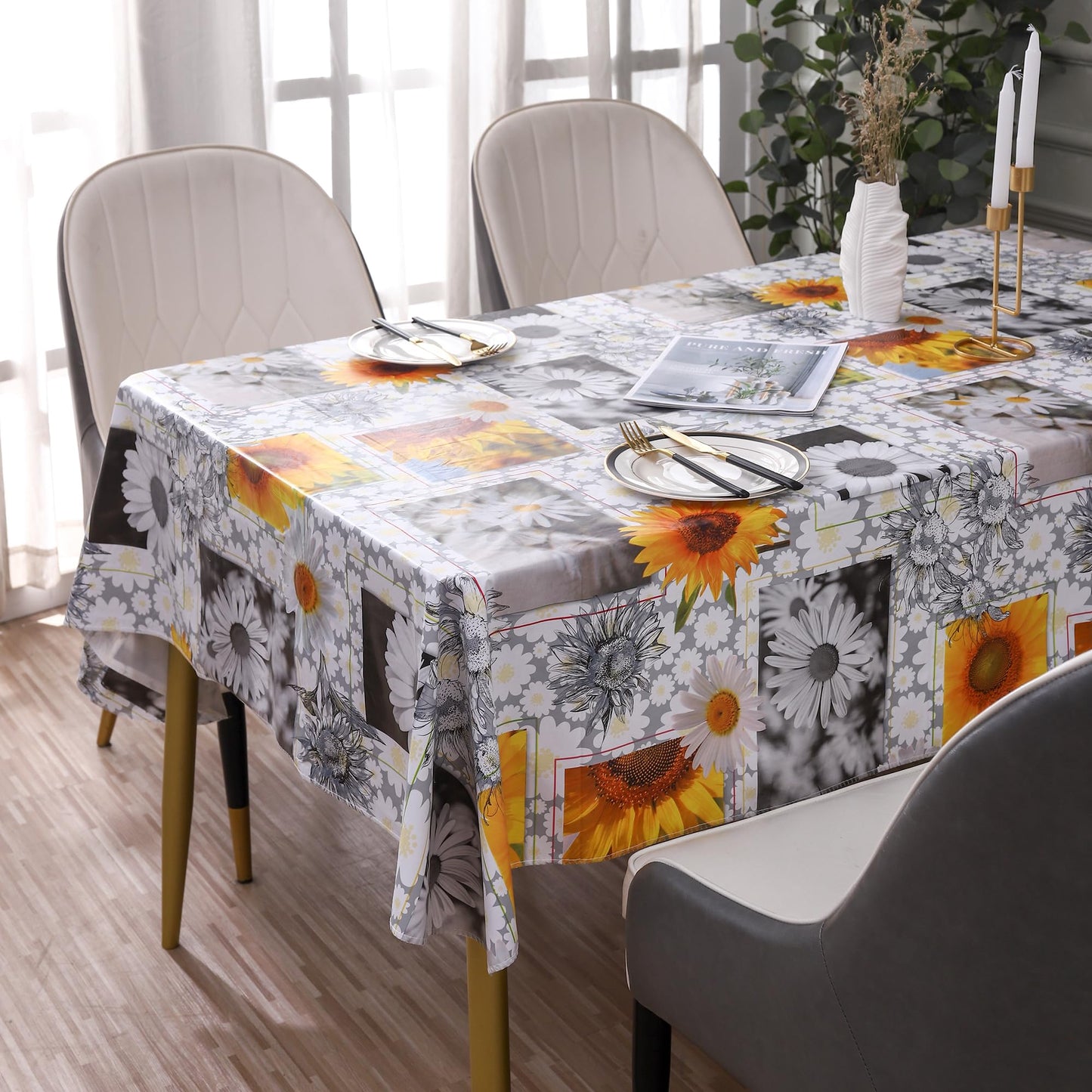 Heavy Duty Vinyl Tablecloth with Flannel Backing Waterproof Oil-Proof Plastic Table Cloth Stain-Resistant Wipeable Rectangle or Square Table Cover for Indoor and Outdoor ( Sunflower, 54X54 Inch)