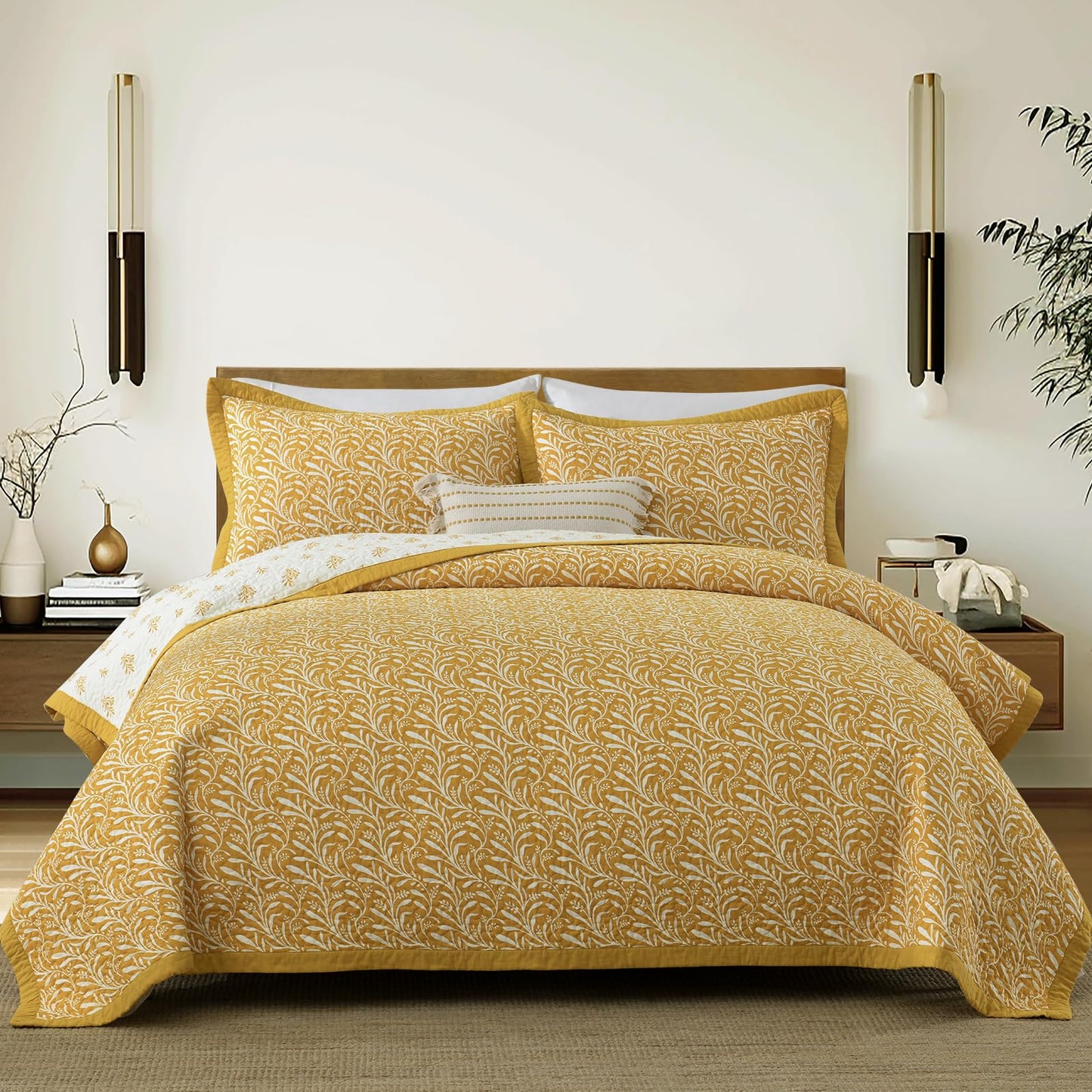 Finlonte Cotton Quilts Queen Size - 100% Cotton Queen Comforter Set, Botanical Quilt Bedding Set, Lightweight Reversible Soft Quilted Bedspread for Queen Bed, Gold/White, All Season, 3 Pcs