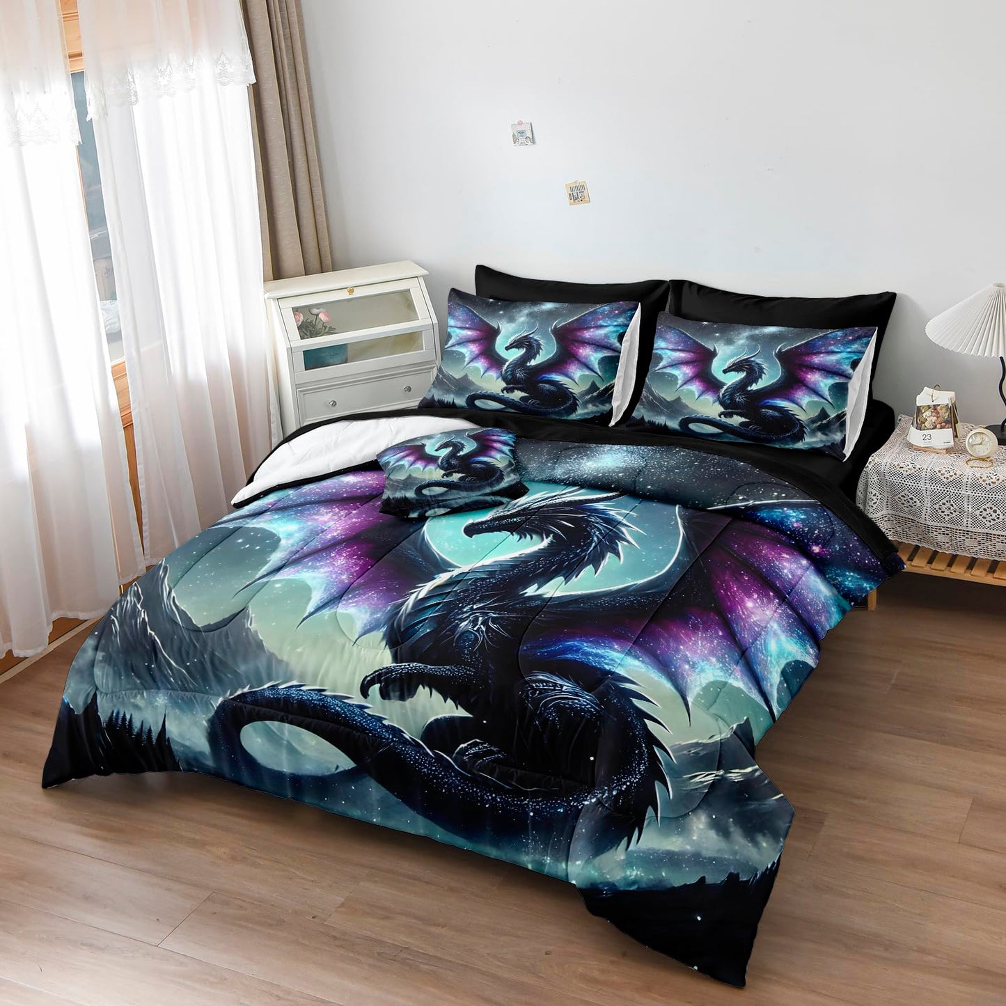 Bedbay Dragon Comforter Set Galaxy Fantasy Bedding Quilt Set Soft King Comforter Bed Set with Sheets Boys Teen Mythical Beast Dragon Digital Print 8 Pieces Bed in a Bag Set with Cushion Cover