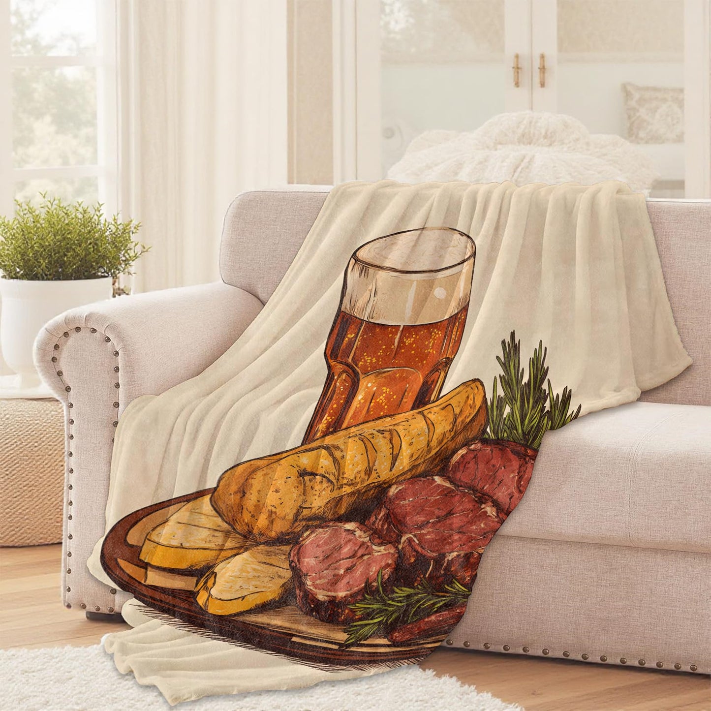 SIUKUS Delicious Beef Steak Bread Flannel Throw Blanket for Bedroom Kitchen Bar,Rustic Meat and Beer Decorative Blankets,Soft Lightweight Throws,Thoughtful Gifts for Adults Food Lovers,50x60 Inch