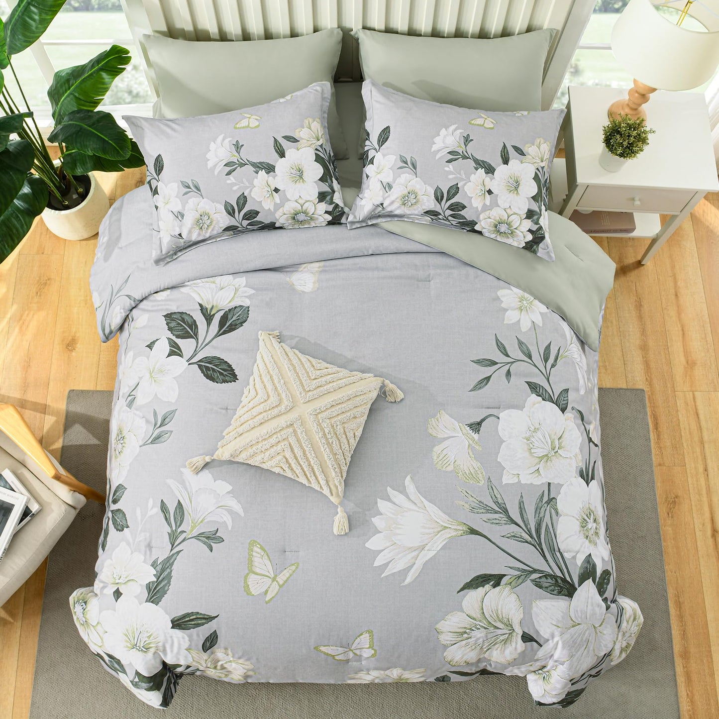 DHSFKBE Floral Comforter Set Queen Size,7 Piece Sage Green Bed in a Bag, Elegant Flower Pattern Comforter Set with Sheet, Soft Microfiber Complete Bedding Sets for All Season