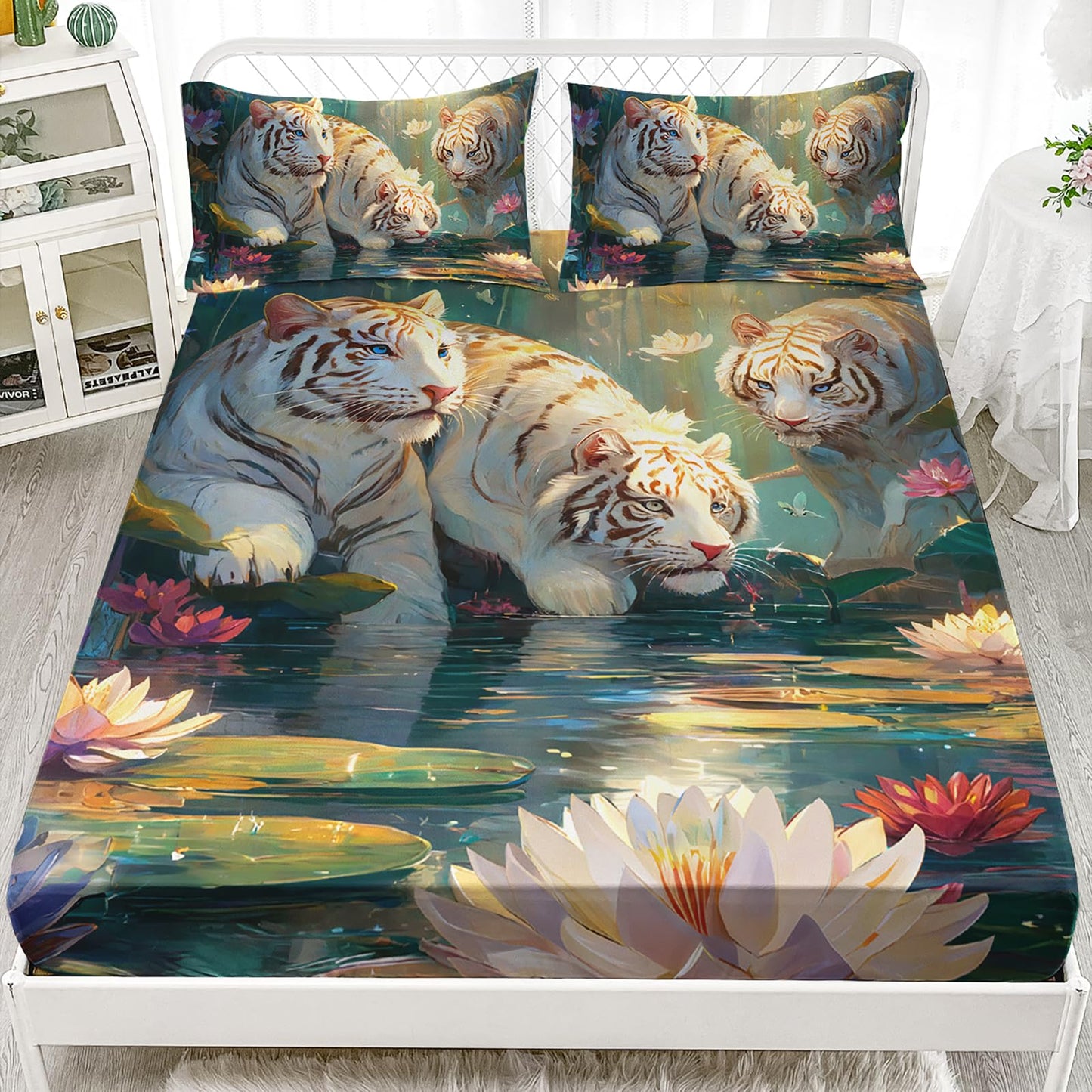 AILONEN White Tiger Twin Size Fitted Sheet Set,Cute Tiger & Pink Lotus Bedding Set for Kids Girls,3-Piece Beautiful Forest Floral Wildlife Fitted Sheet + 2 Pillowcases