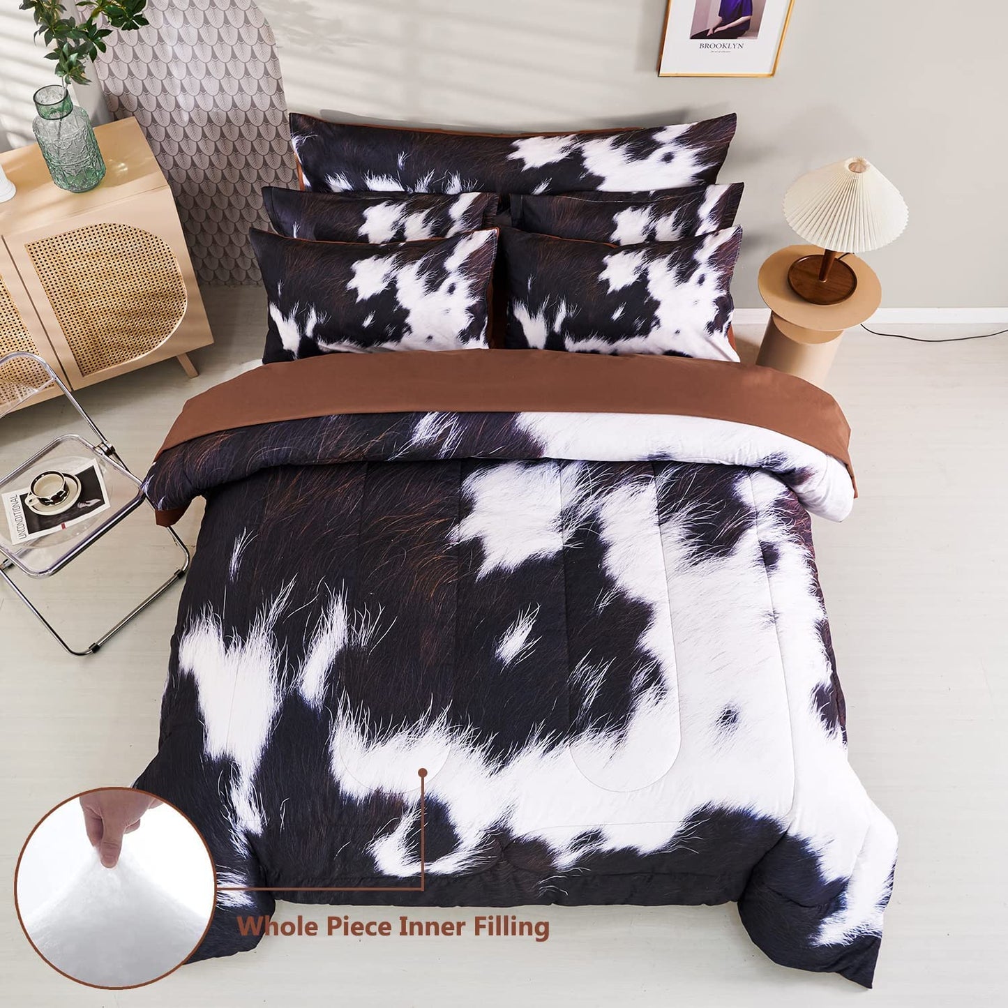 SUCSES Cow Print Bedding Comforter Set Full Size 8 Pieces Western Farmhouse Wrangler Bedding Set Highland Rustic Bed in A Bag Bed Set with Sheets for Boys(Cow Fur Pattern, Full)