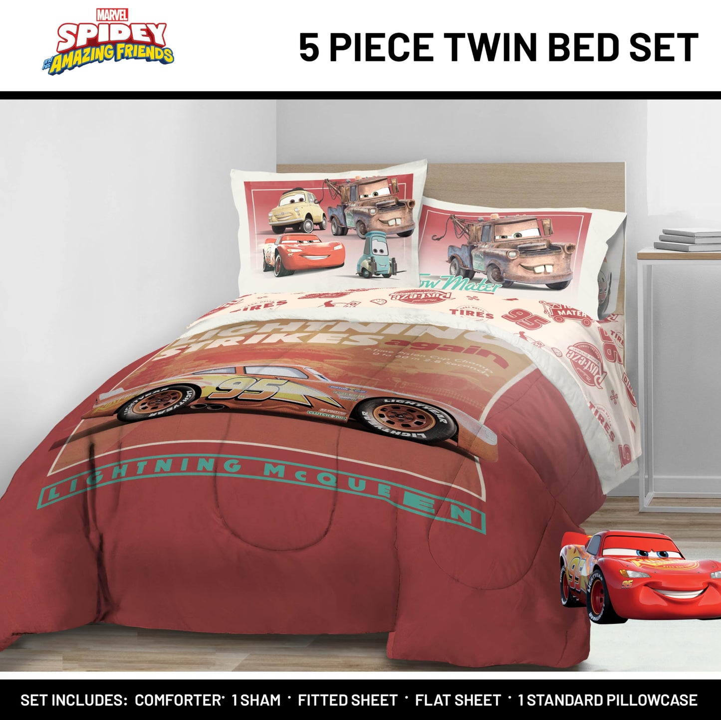 Jay Franco Kids Comforter Set Includes Sheets and Pillow Covers - Soft and Cozy Bed Set for Stylish Room Decor, Official Licensed Bedding, Red - Cars, 5 Piece Twin