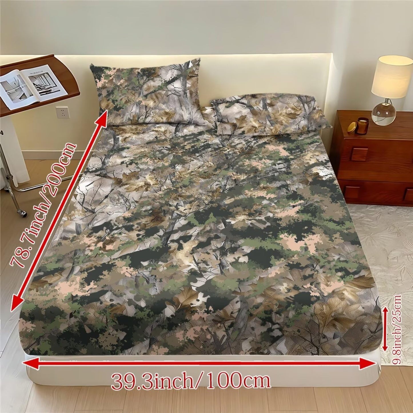 ZDCUSTOM XL Size Sheet Set Soft Stretchy Bedding Sheet Set 3 Pieces Deep Pocket Holiday Bedding Set with All Around Elastic Snug Fit Bottom Bedsheet Woodland Camo, 39" x 79"