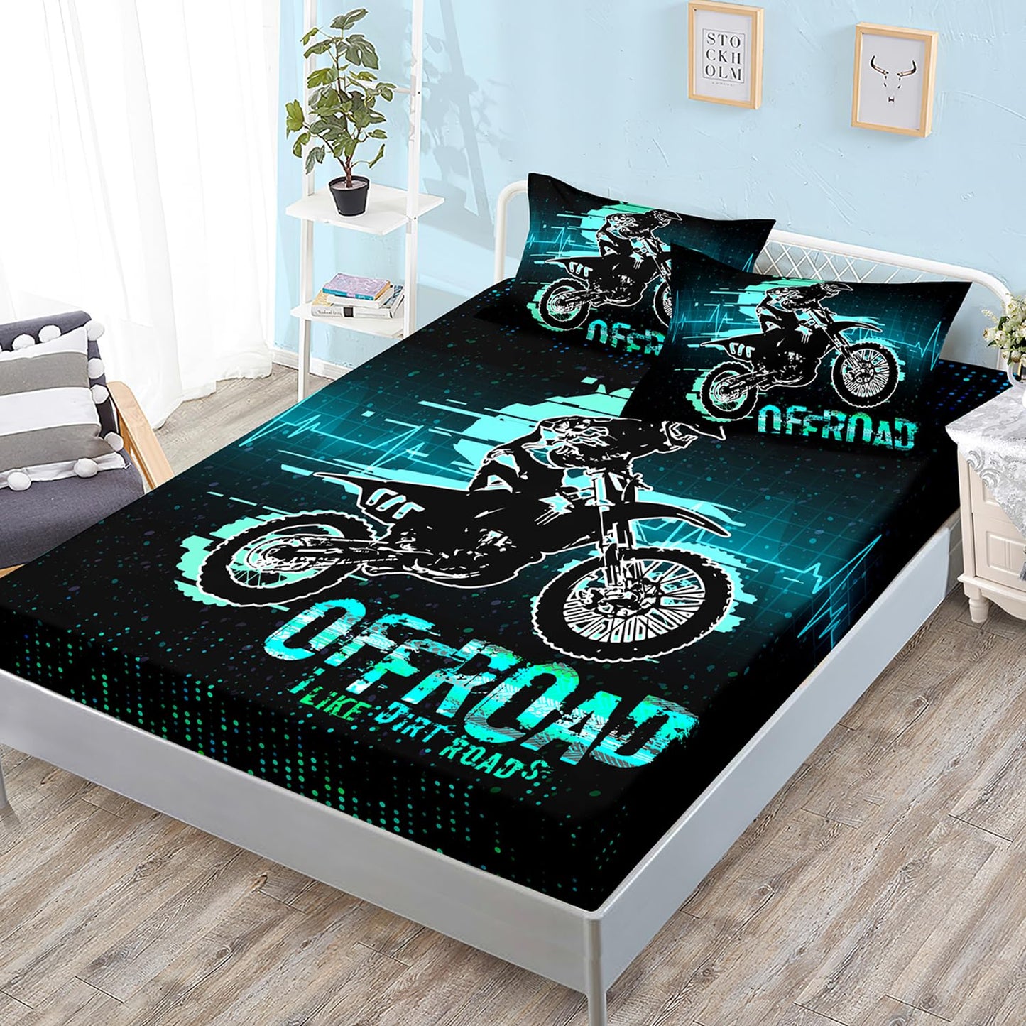 HOSIMA Extreme Sport Theme Fitted Sheet Motorcycle Twin Bedding Set for Boys Kids Teens,Dirt Bike Tournament Kids Game Room Decor,Motocross Rider Green Fitted Sheet with 2 Pillowcases.