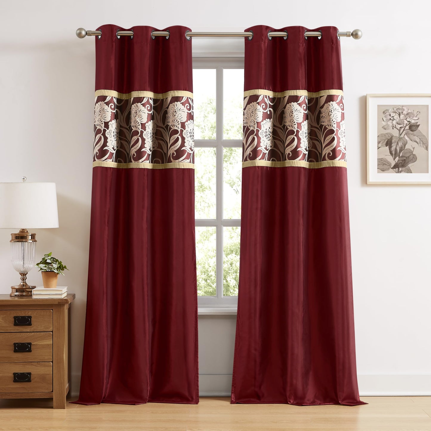 Stratford Park Red and Gold Comforter Set Queen Size, 9 Piece Jacquard Floral Bedding Set, All Season, Ultra-Soft, Matching Pillows & Shams, Bed Skirt, Curtains