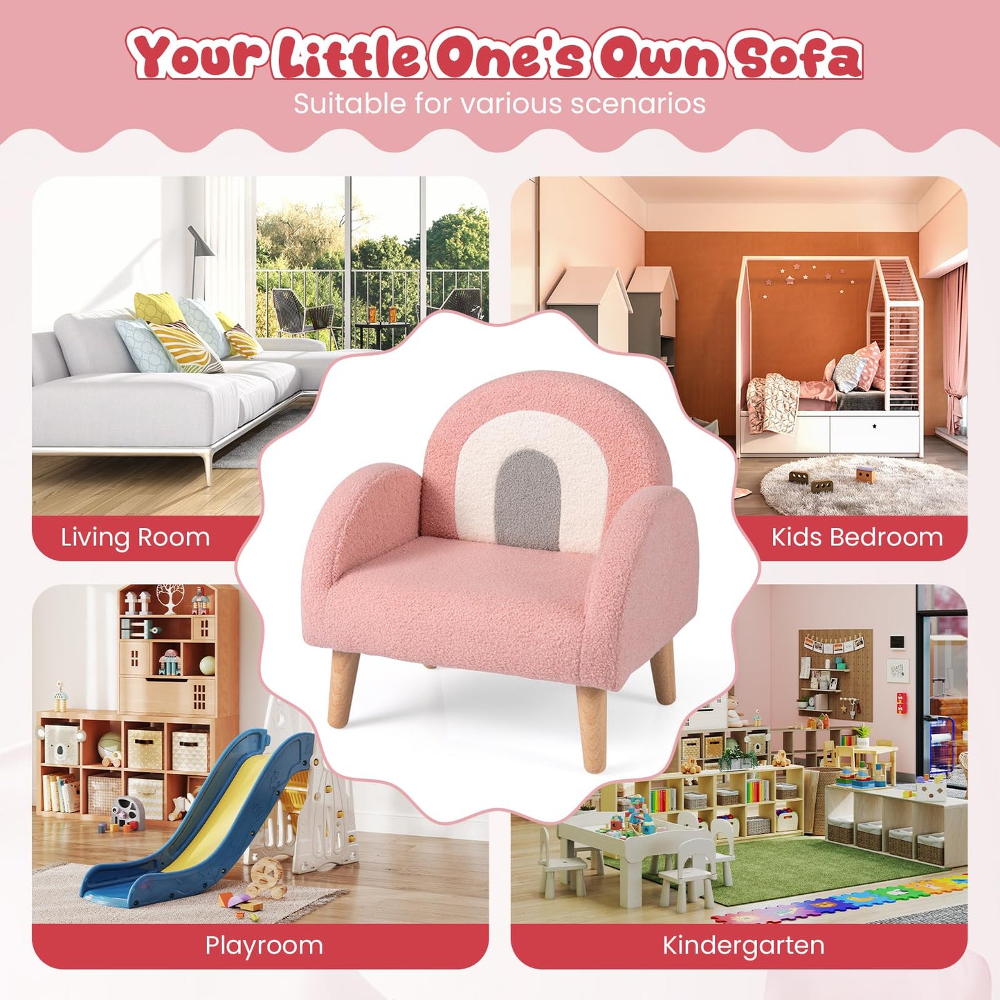 Costzon Kids Sofa, Children Pink Armchair with Solid Wood Frames, Plush Fabric, Anti-Tip Design, Floor Reading Sofa Chair for Playroom, Kids Room, Nursery, Toddler Couch Chair Comfy for Boys Girls