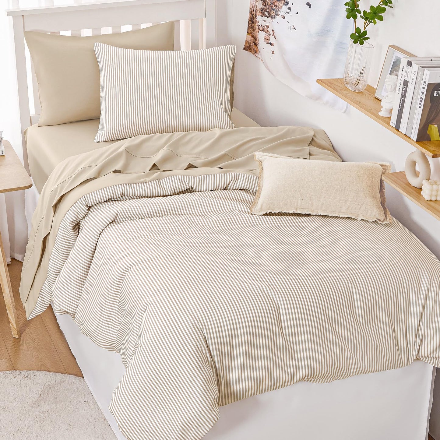 Wake In Cloud - Striped Comforter Set, Ticking Stripe Vertical Pinstripe Neutral Farmhouse Pattern Printed, Soft Lightweight Bedding, 3 Pieces, Light Brown White, Twin/Twin XL Size