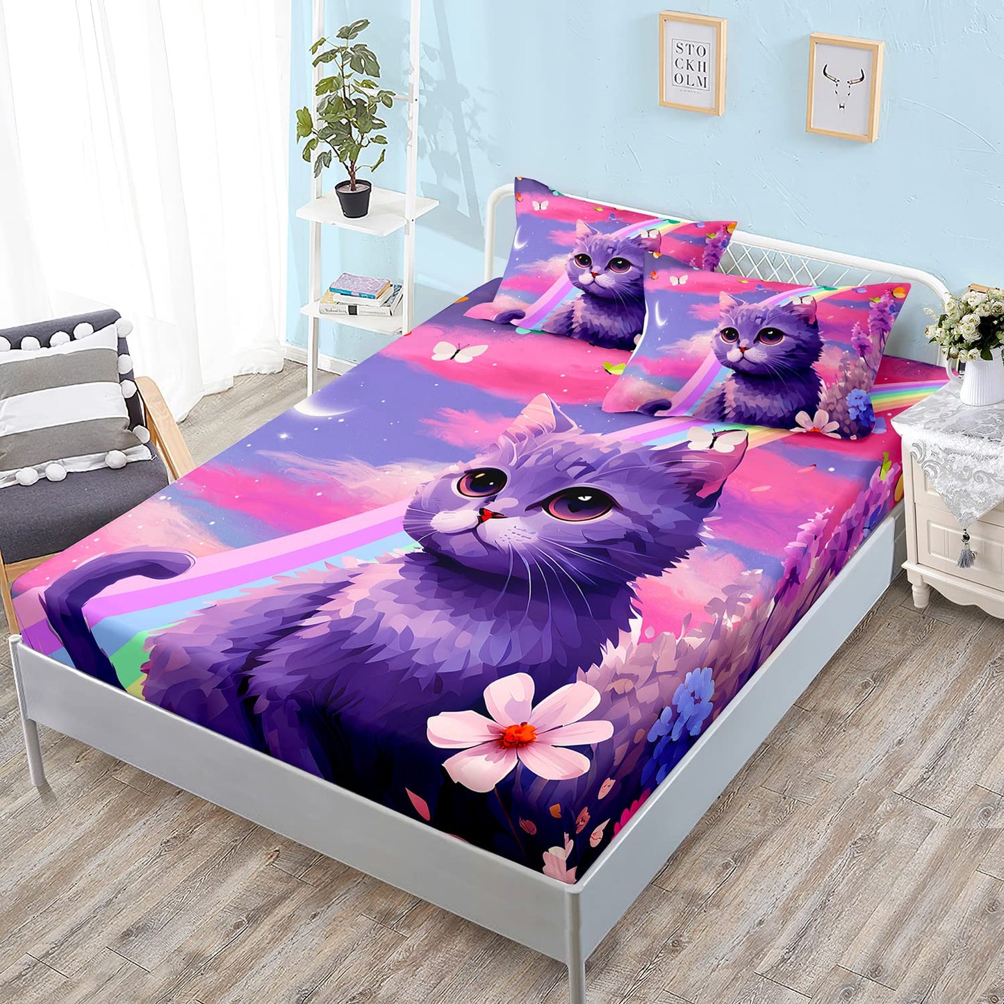 HOSIMA Cat Fitted Sheet Queen Size Rainbow Bedding Set,Kawaii Toddler Sets for Girls Teens Room Decor Aesthetic,Floral Set with 2 Pillowcases, Violet, Queen 60''x80''