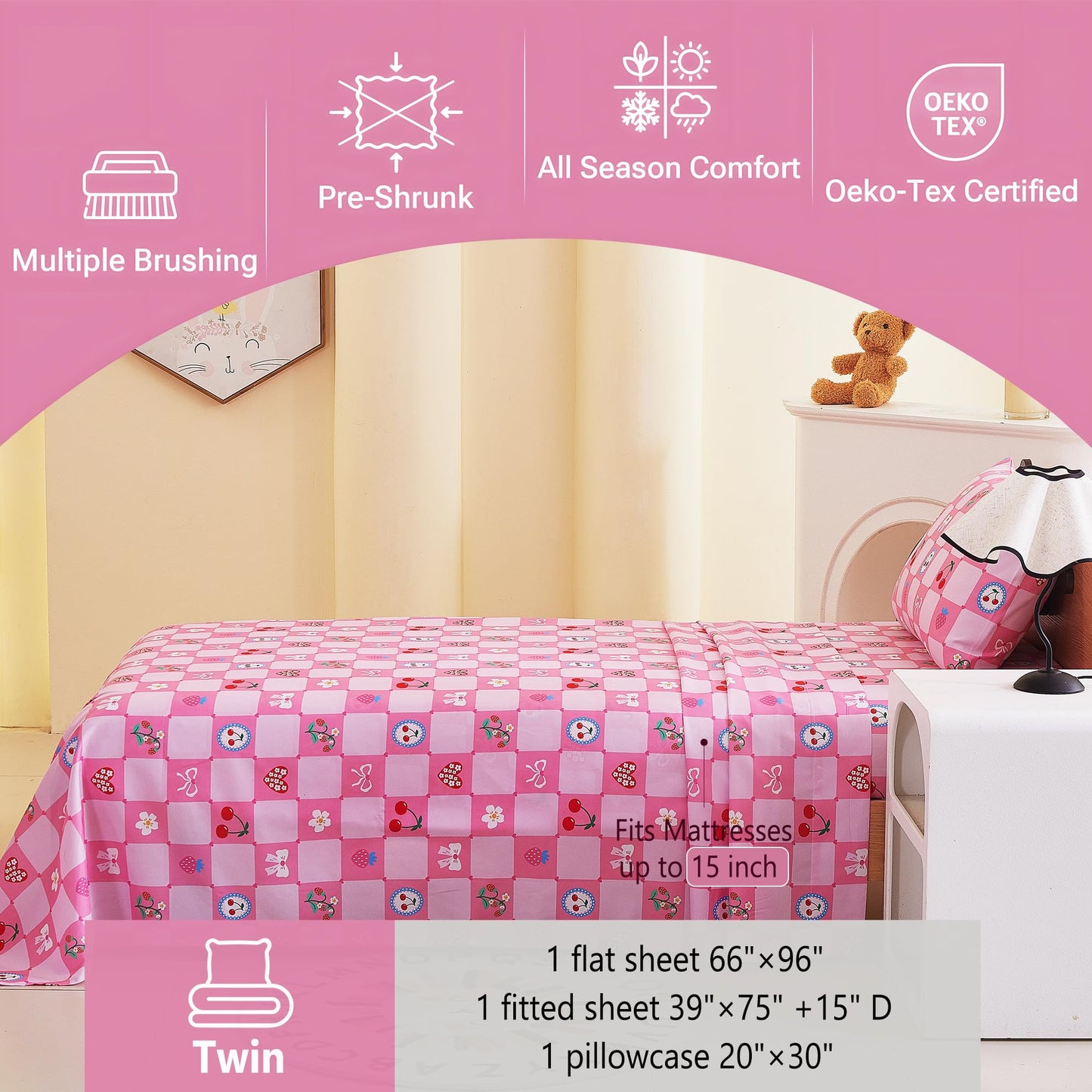 Softan Kids Bed Sheet Set, 3-Piece Twin Sheets Set, Microfiber Fitted Sheet with Corner Straps, Breathable & Silky Soft Pink Fruit Checkered Pattern Sheet and Pillowcase Sets