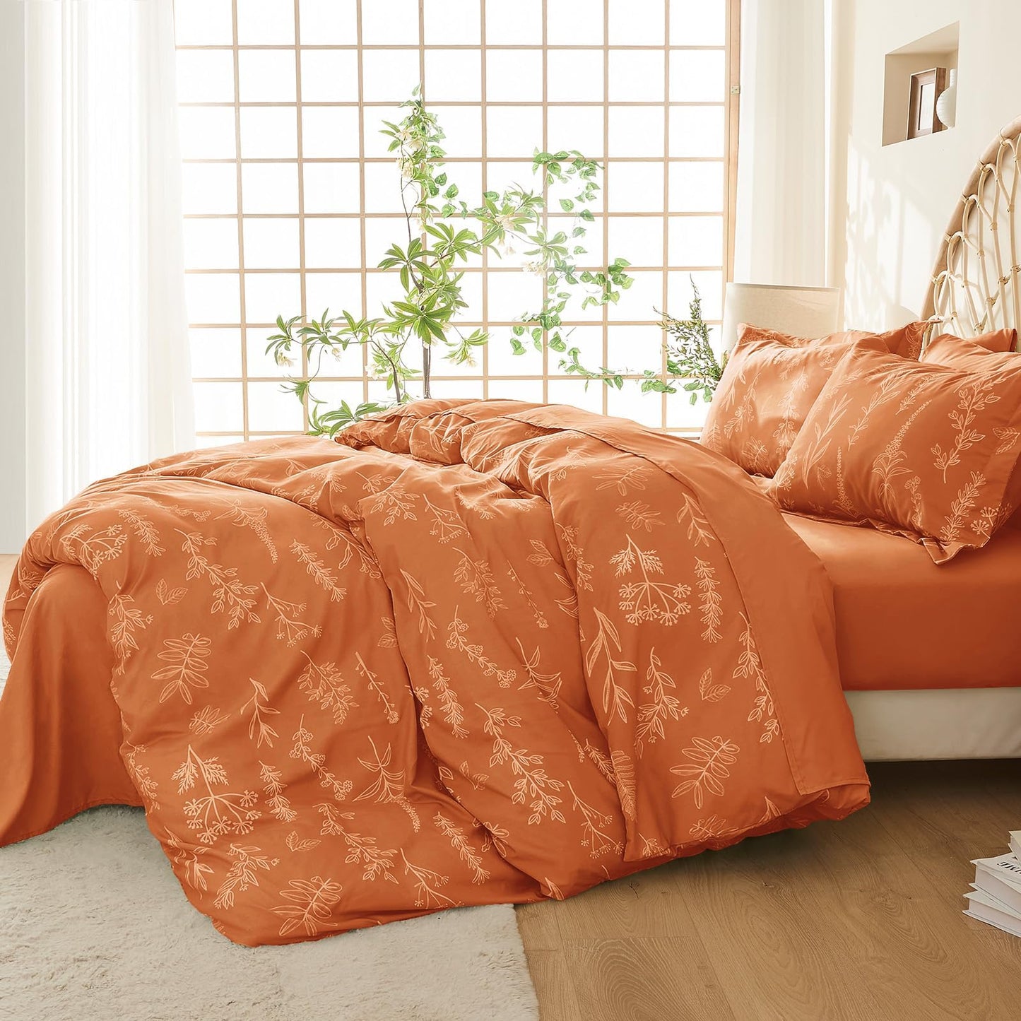 MUXHOMO Duvet Cover Queen Size, Reversible Floral Caramel Duvet Cover Set with Zipper Closure, 3 Pieces Botanical Patterns Soft Microfiber Bedding Set with 4 Ties (90"x90", 2 Pillow Cases)