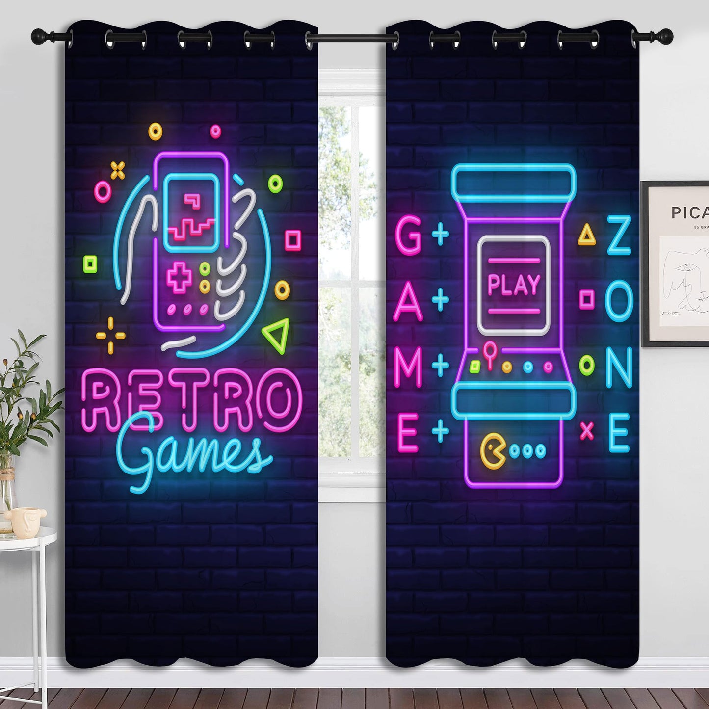 Neon Art Retro Game and Arcade Game Grommet Blackout Curtains for Boy Girl Bedroom,Video Gaming Gamepad and Wall Background Thermal Insulated Home Window Drapes for Living Room Darkening,72x63in