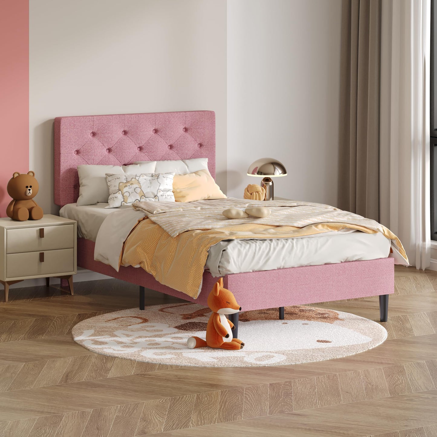 Lullabyre Twin Bed Frames for Kids, Upholstered Platform Bed Frame, Pink Bed Frame with Tufted Headboard, No Box Spring Needed, Easy Assemble, Pink