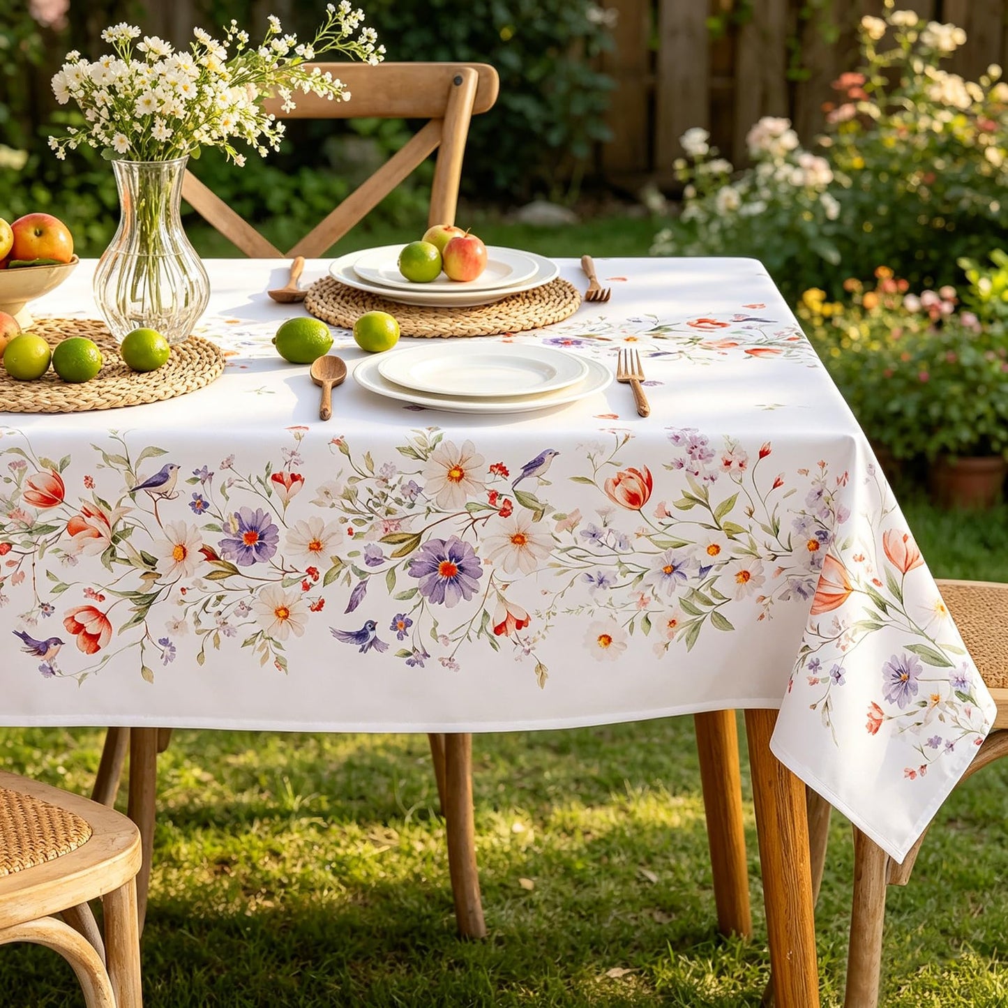 Joyfol Day Spring Florals Tablecloth, Tulips Wildflower Rectangle Table Cloth, Flowers Waterproof Table Covers for Easter, Birthday, Wedding, Mothers Day Tea Party Decorations, 84 x 60 Inch