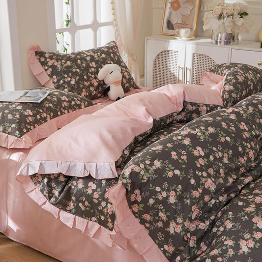 MKXI Queen Vintage Floral Comforter Set – 3-Piece Cottagecore French Country Rustic Boho Farmhouse Bedding with Ruffled Lace, Retro Shabby Chic Reversible Lightweight Bed Set for Girls Women Teens