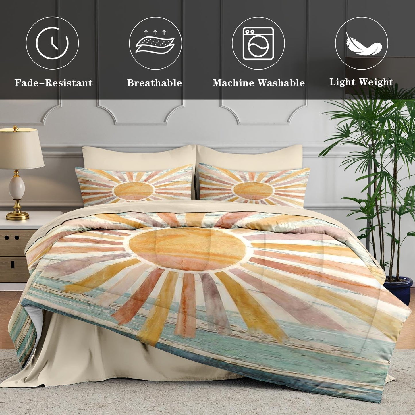 WeCozy 5 Pcs Twin Size Comforter Set with Pillowcase & Sham, Boho Sun Sunshine Bedding Set for Kids and Adults, Coastal Retro Bed in a Bag with Flat Sheet and Fitted Sheet
