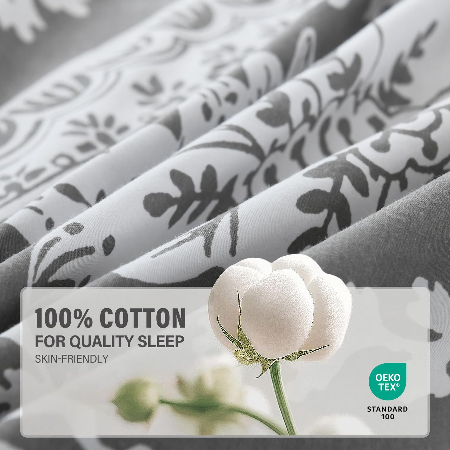 VOOVY Grey Duvet Cover King - 3 Pieces Paisley Damask King Size, Ultra Soft Breathable Bedding Duvet Cover Set with 100% Cotton for All Season, 104"x90", No Comforter