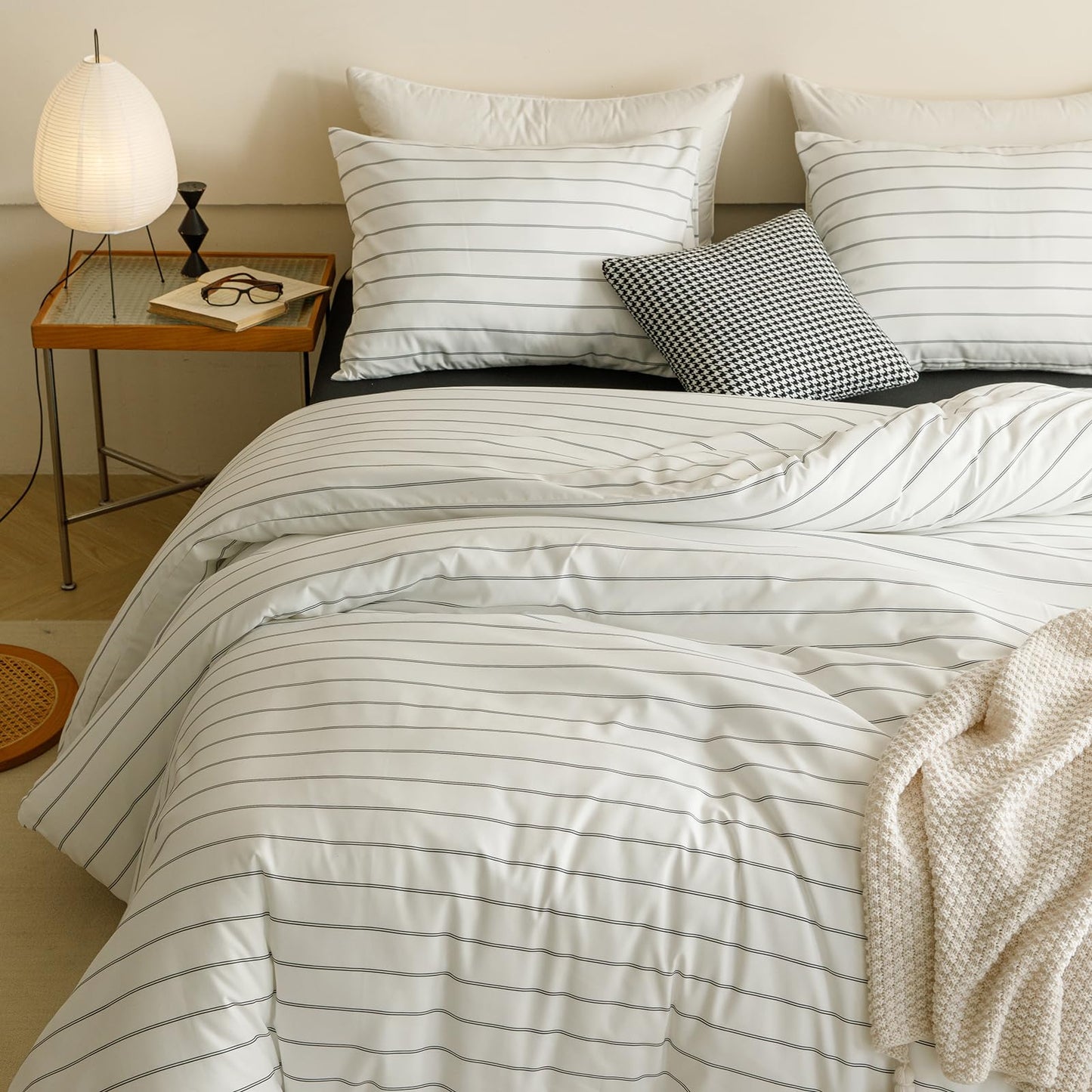 CLOTHKNOW Striped Duvet Cover Sets Queen White and Black Bedding Sets Farmhouse Bedding Duvet Cover Sets Soft Boho Bedding Queen