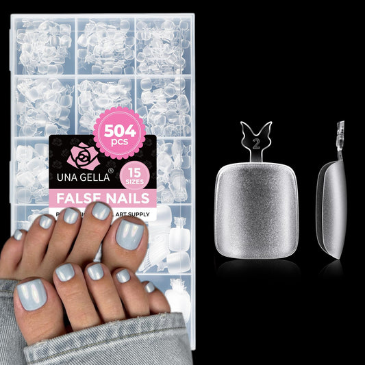 UNA GELLA Toe Nail Tips 504Pcs - Full Cover Matte Squavol Toe Nails Soft Gel Pre-file Gel Toe Nail Tips For Toe Nail Extensions Home DIY Nail Salon Soak Off 15 Sizes