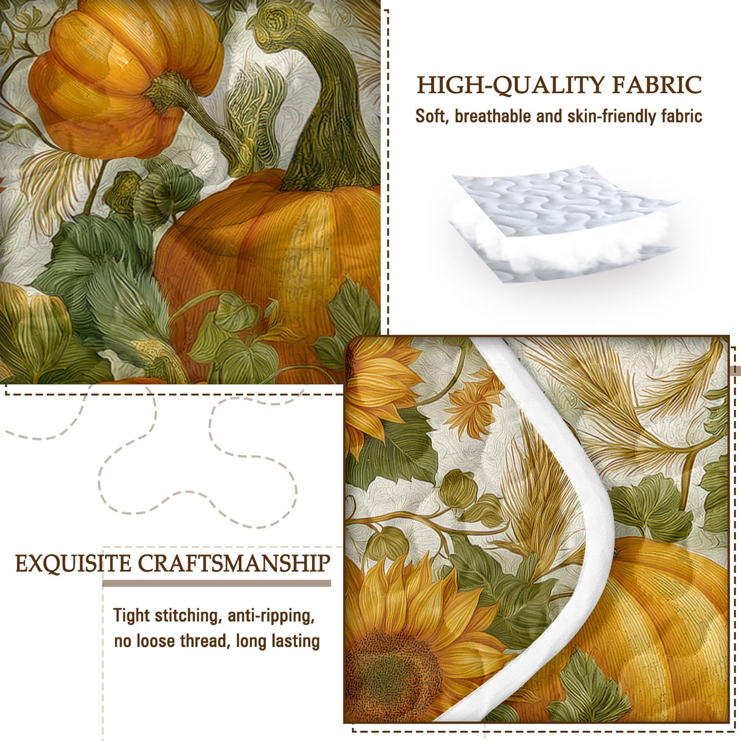 BlessLiving 3-Piece Fall Quilt Set King Size, Soft Microfiber Lightweight Pumpkin Mushroom Pattern Bedspreads Coverlets Bedding Set with 2 Pillow Shams for All Seasons, Autumn Bed Cover for Adults