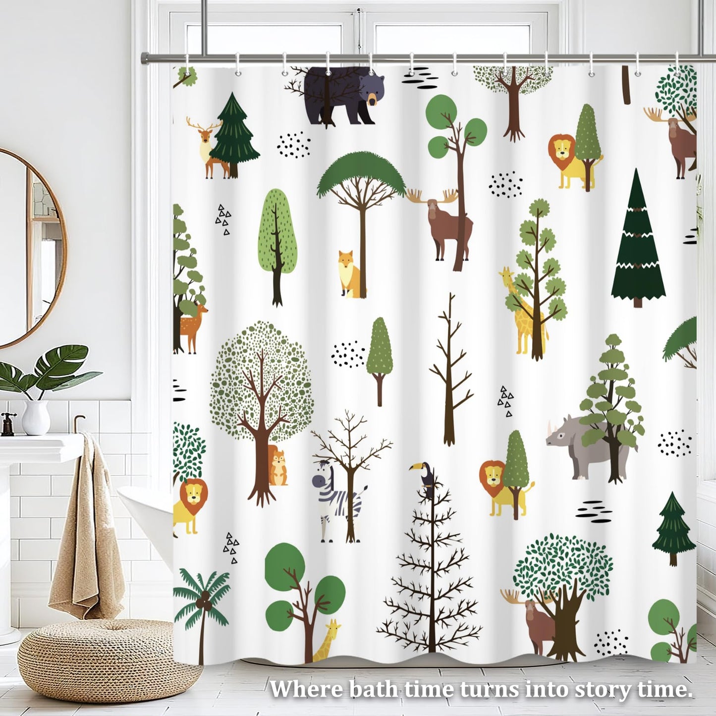 Renaiss 72 x 72 Inch Rustic Forest Kids Shower Curtain Set for Bathroom Country Lion Giraffe Zebra Bear Woodland Wild Animals Farmhouse Bathroom Shower Curtain Nature Tree Bathtub Decor Set with Hooks