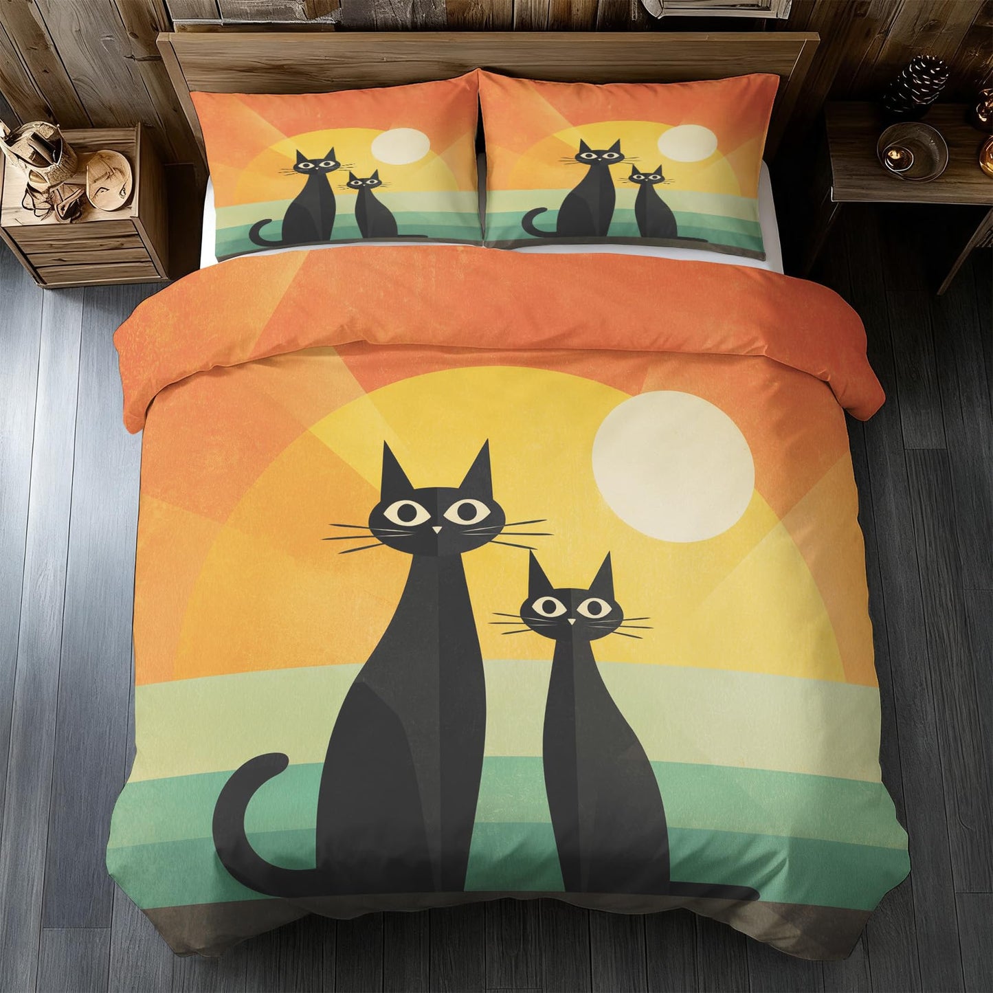 Mid Century Cat Duvet Cover Twin Size, Abstract Boho Sun Kitten Bedding Set 2 pcs with 1 Pillow Cover, Mid Century Modern Bedroom Decor, Soft Microfiber Reversible, Zipper & Ties KJJT 15