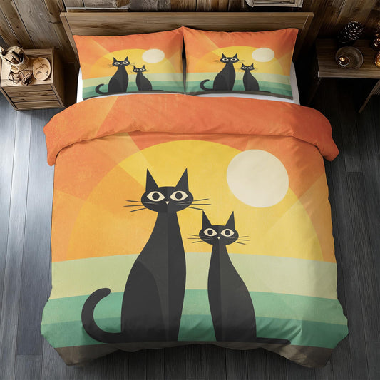 Mid Century Cat Duvet Cover Twin Size, Abstract Boho Sun Kitten Bedding Set 2 pcs with 1 Pillow Cover, Mid Century Modern Bedroom Decor, Soft Microfiber Reversible, Zipper & Ties KJJT 15
