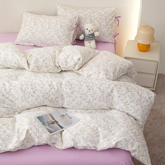 Vintage Floral Comforter Set Queen, Cottagecore Aesthetic Cute Flower Pattern Comforter for All Seasons, Lightweight Coquette Bedding Set Flowers Botanical Comforter with 2 Bow Ties Pillowcases