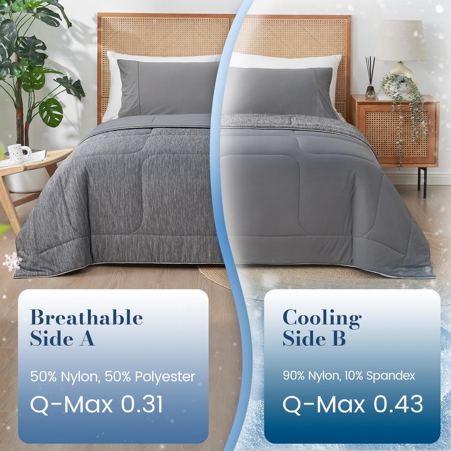 Amélie Home Cooling Comforter Queen Size, Dual-Sided Lightweight Cooling Blanket for Hot Sleepers, Q-Max 0.43 Breathable Cooling Quilt for Night Sweats, 90" x 90", Heather Charcoal Grey