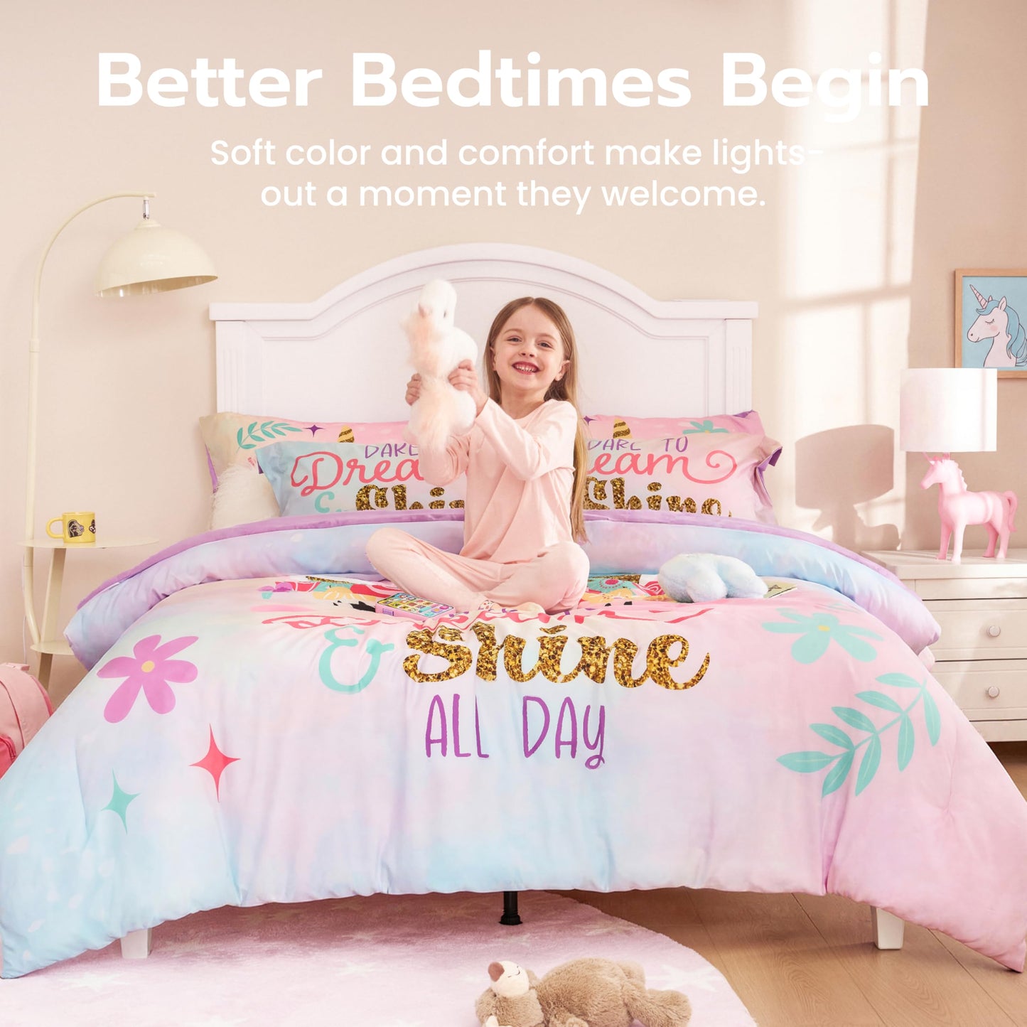 Joiedomi Kid Twin Comforter Set 5 Piece Unicorn Bedding Set for Boys Girls Super Soft Microfiber Bed in a Bag with Comforter Sheets Pillowcase Sham