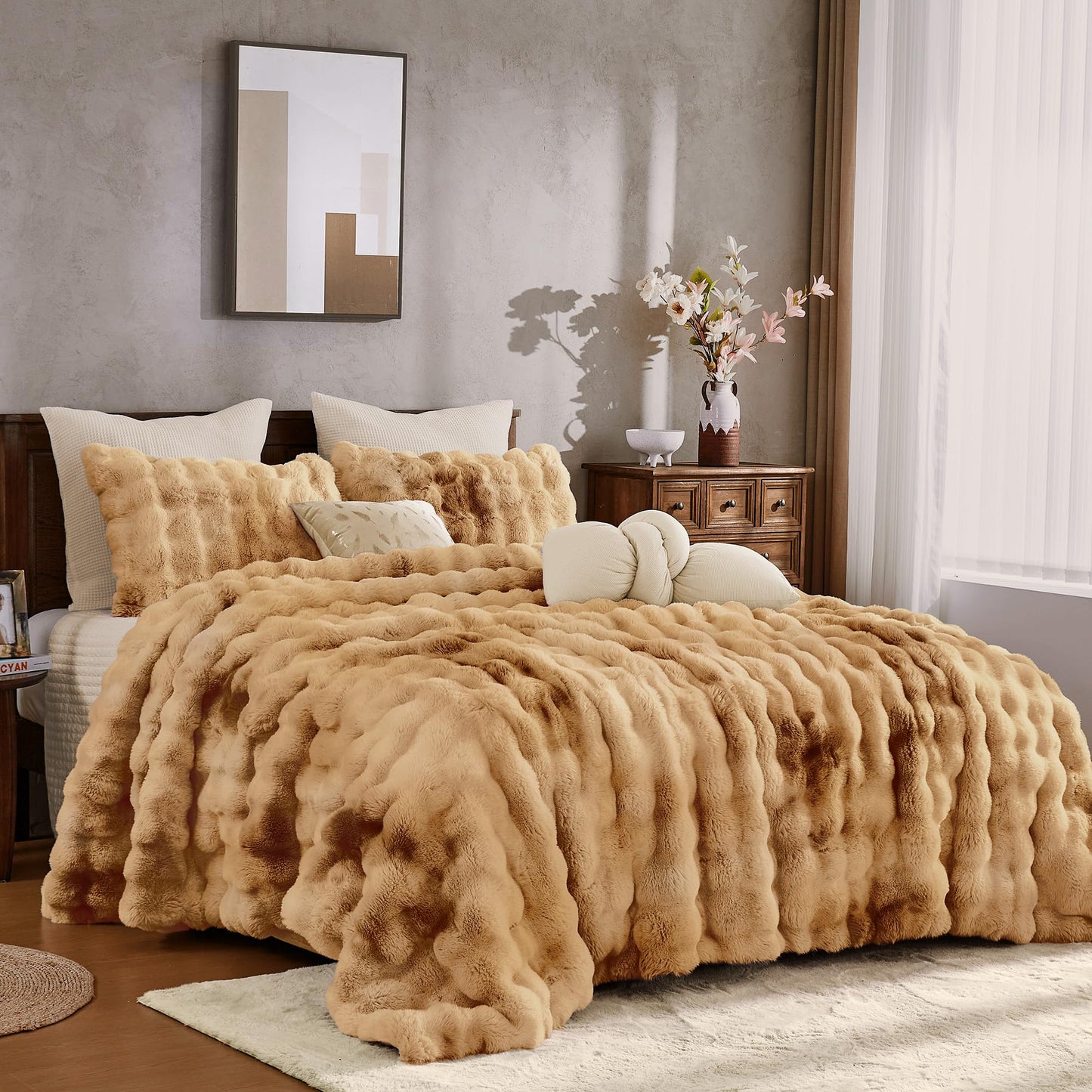 Wonderful 3 Pieces Fluffy Faux Rabbit Fur Bubble Comforter Set King Size, Tie-Dyeing Caramel Plush Fuzzy Bedding Set, Warm Soft Bubble Comforter Bedding Set for Winter