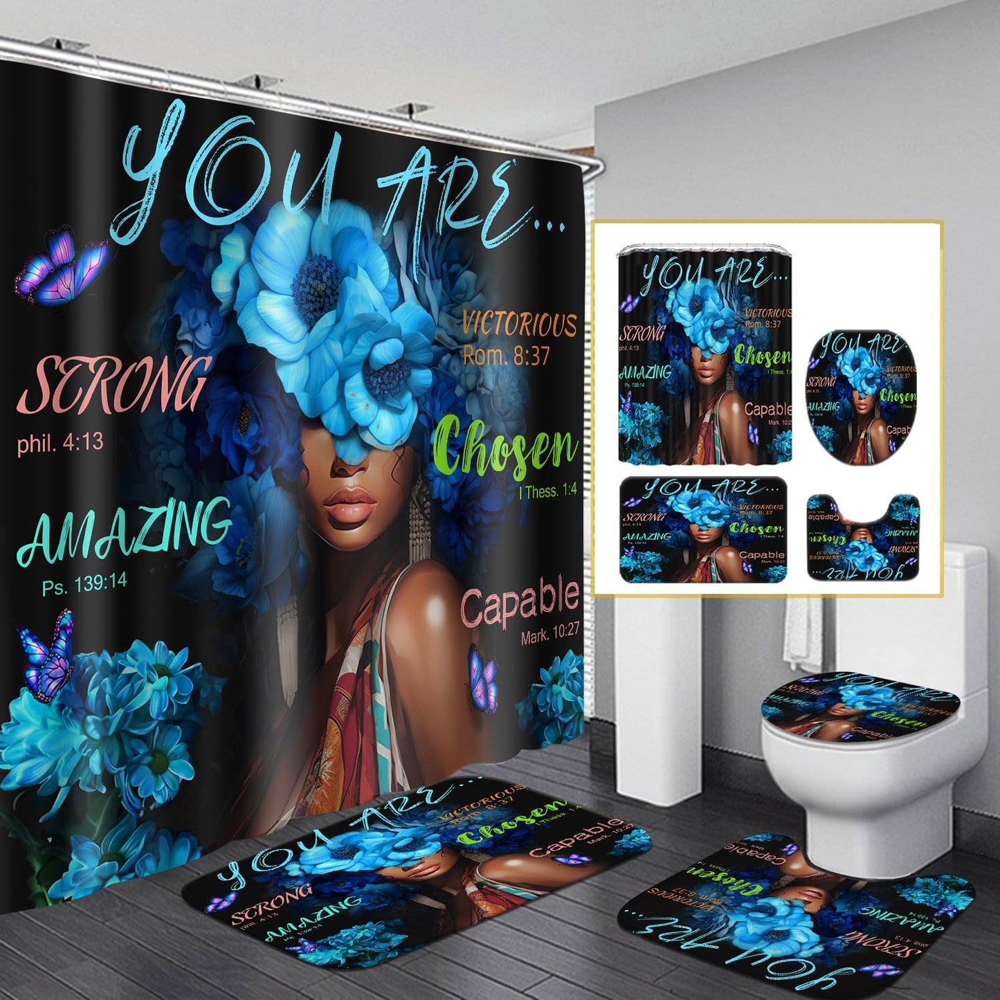 Omebero Black African Flower Woman Shower Curtain Set, Blue Art Words Bathroom Set with Shower Curtain and Rugs, Toilet Lid Cover, Bath Mat,Waterproof Fabric Shower Curtains and Hooks for Bathroom