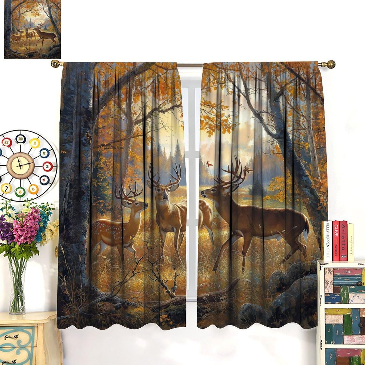 LOMADIA Wildlife Deer Blackout Curtains, Rustic Forest Hunting Farmhouse Retro Elk Pattern Drapes Home Window Treatments Curtain for Kitchen Bedroom Living Room Decor 42" W x 45" L