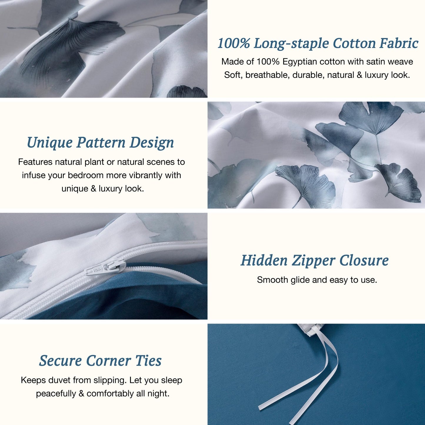 MILDLY 100% Long-Staple Cotton Duvet Cover Set Light Navy Ginkgo Leaf Pattern Printed Comforter Cover 3pcs, Ultra Soft & Breathable Bedding Set