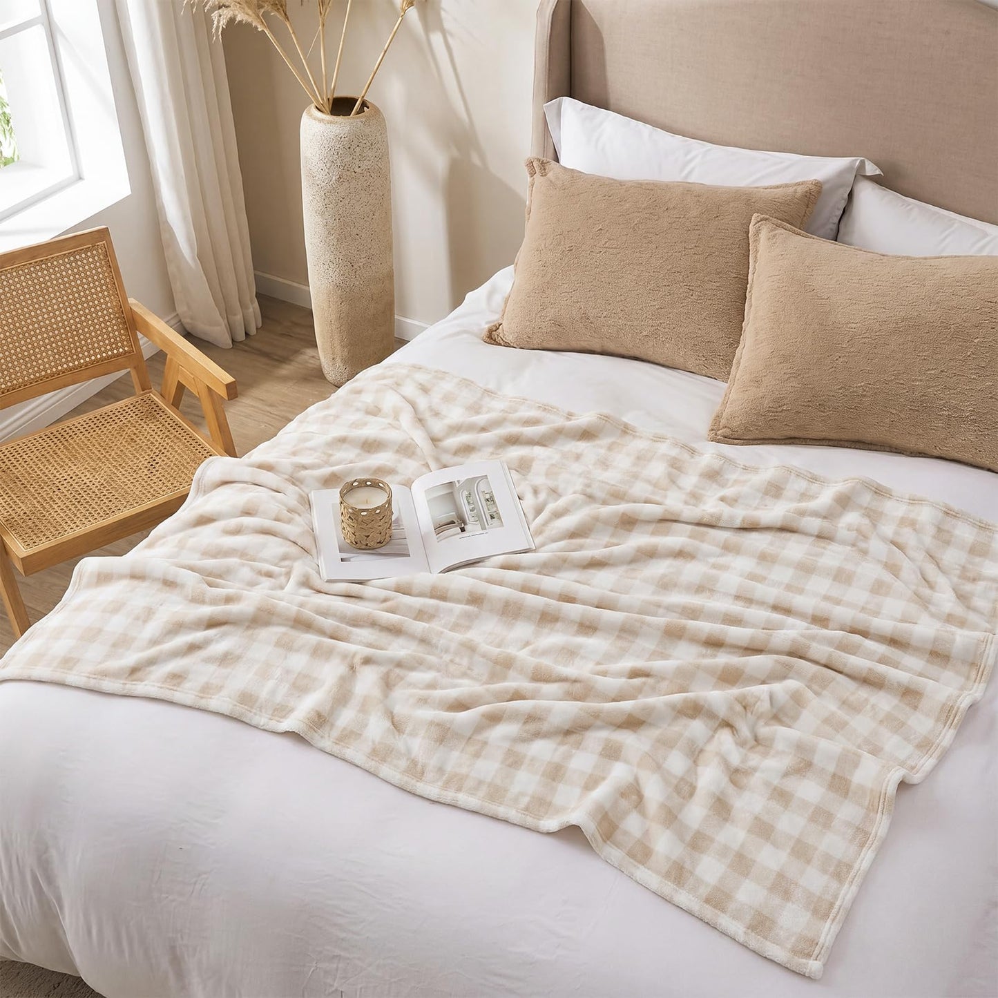 Fanfanwin Beige Gingham Throw Blanket for Couch, 50x60 Inch Checkered Plaid Flannel Blanket for Sofa Bed, Soft Cozy Throw for Farmhouse Boho Neutral Home Decor All Seasons Gift