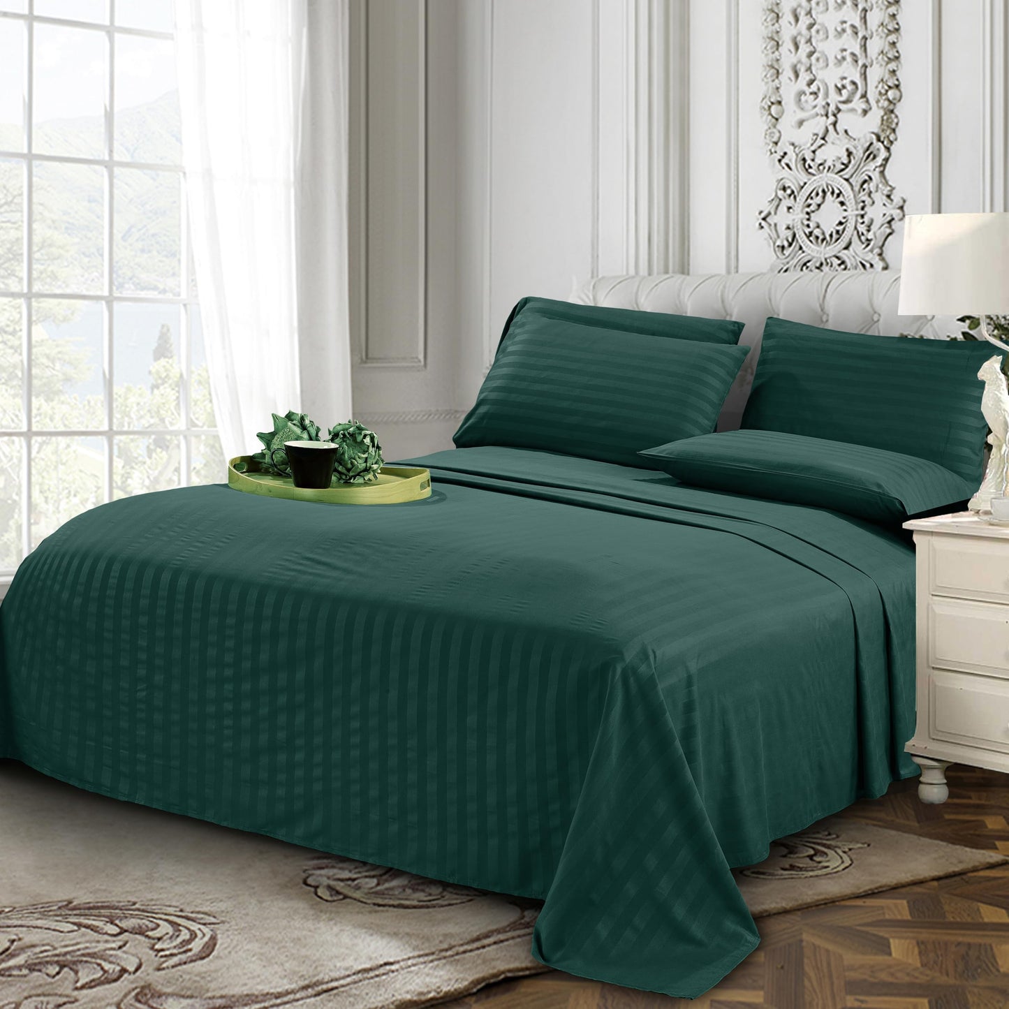 Elegant Comfort Luxury Soft Bed Sheets Dobby Stripe 1500 Premium Hotel Quality Microfiber Softness Wrinkle and Fade Resistant (4-Piece) Bedding Set, Twin XL, Stripe Forest Green