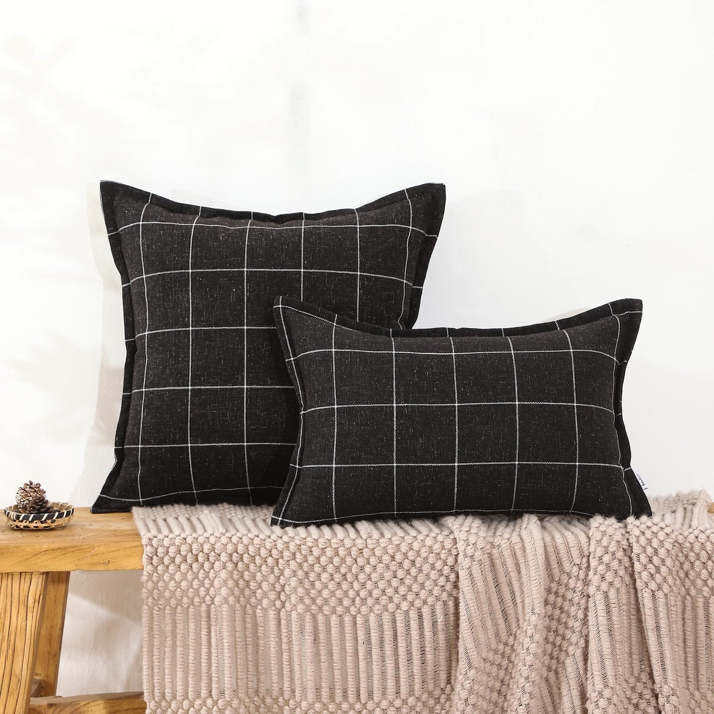 AMAROTI Black Plaid Linen Throw Pillow Covers 18x18 Inch Set of 2 Farmhouse Decorative Cushion Covers for Sofa Couch Living Room Bedroom