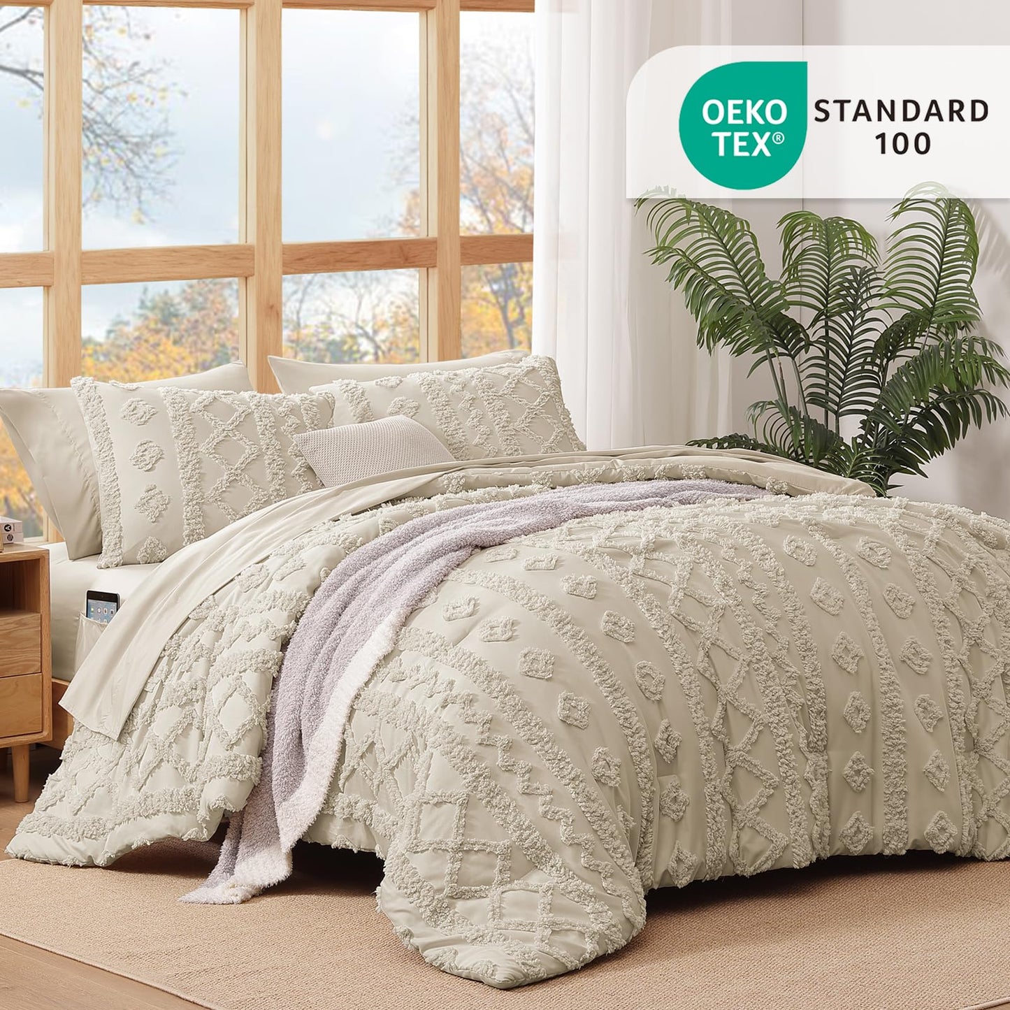 WRENSONGE Queen Size Comforter Set with Sheets - 7 Pieces Beige Tufted Bed in a Bag Queen Shabby Chic Bedding Sets with 1 Comforter, 2 Sheets, 2 Pillowcases & 2 Shams