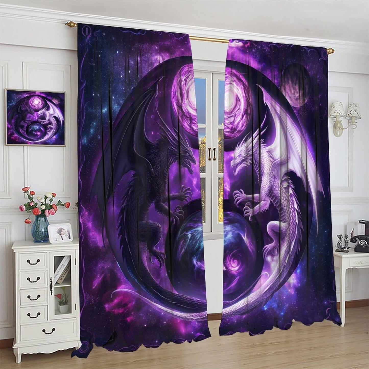 wlsgdsg Dragon Curtains for Boys,Mystery Fantasy Stars 3D Purple Yin Yang Black White Sky Wings Flying Dragon Window Drape Print for Kids Bedroom Living Room 42x45in (No Blackout)
