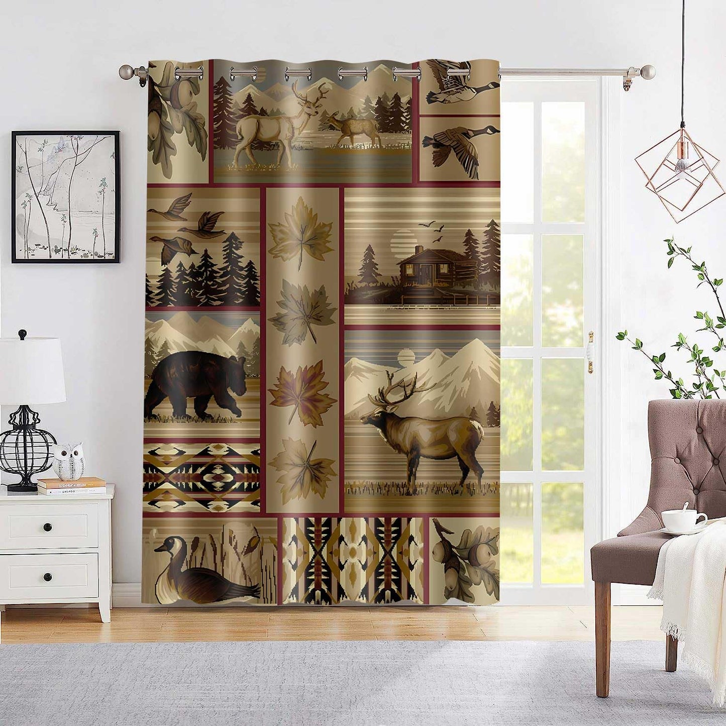 MIZSYE Retro Rustic Blackout Curtains Wildlife Bear Deer Farmhouse Chalet Snowy Mountain Plaid Window Drapes Insulated Blackout Privacy Curtain for Bedroom Living Room Dining Room 2Plates 42x84inch