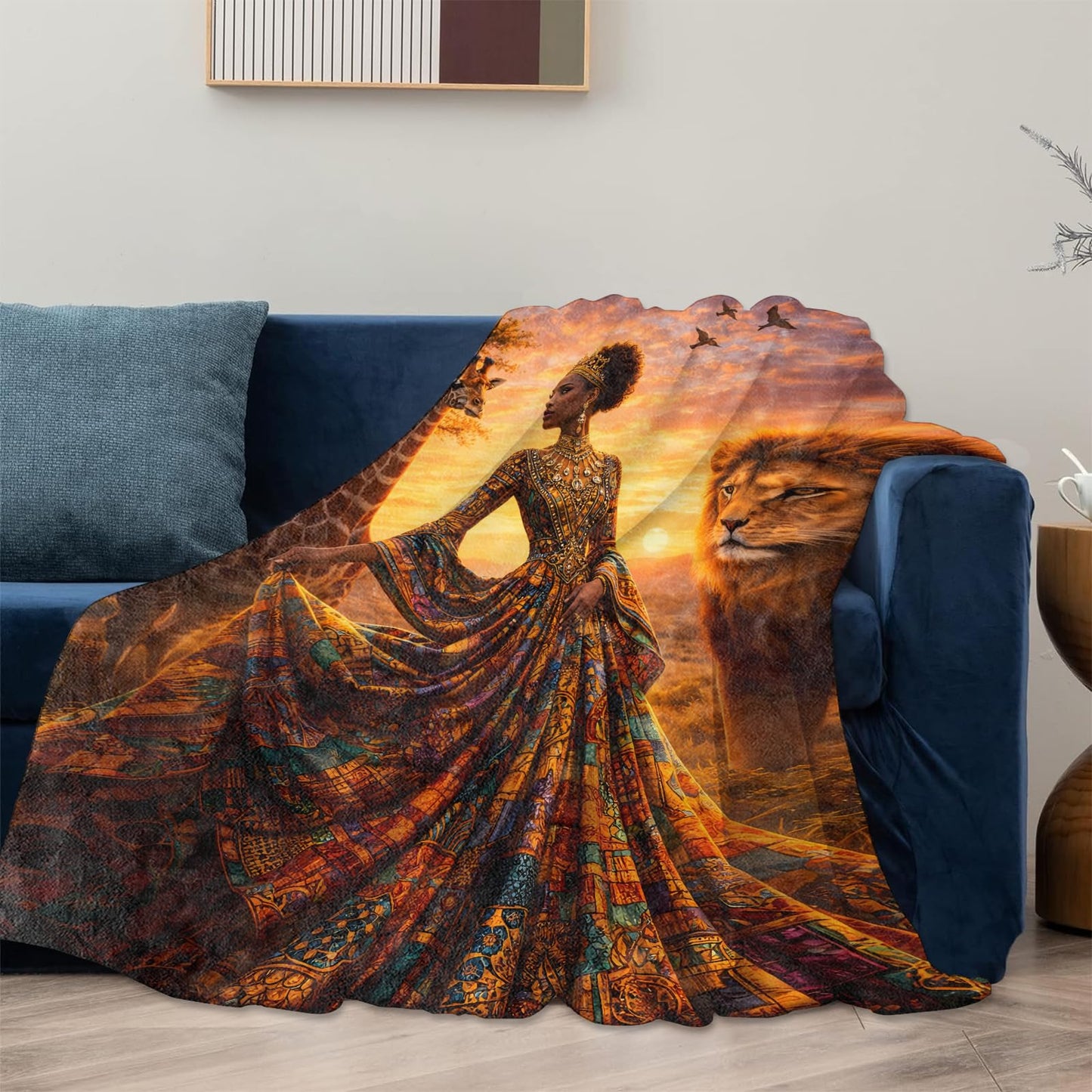 African Queen Safari Lion Giraffe Sunset Throw Blanket Gifts for Kids Women, Soft Warm Tribal Style Flannel Blankets for Living Room Sofa Home Bedroom Decor 50" x 60"
